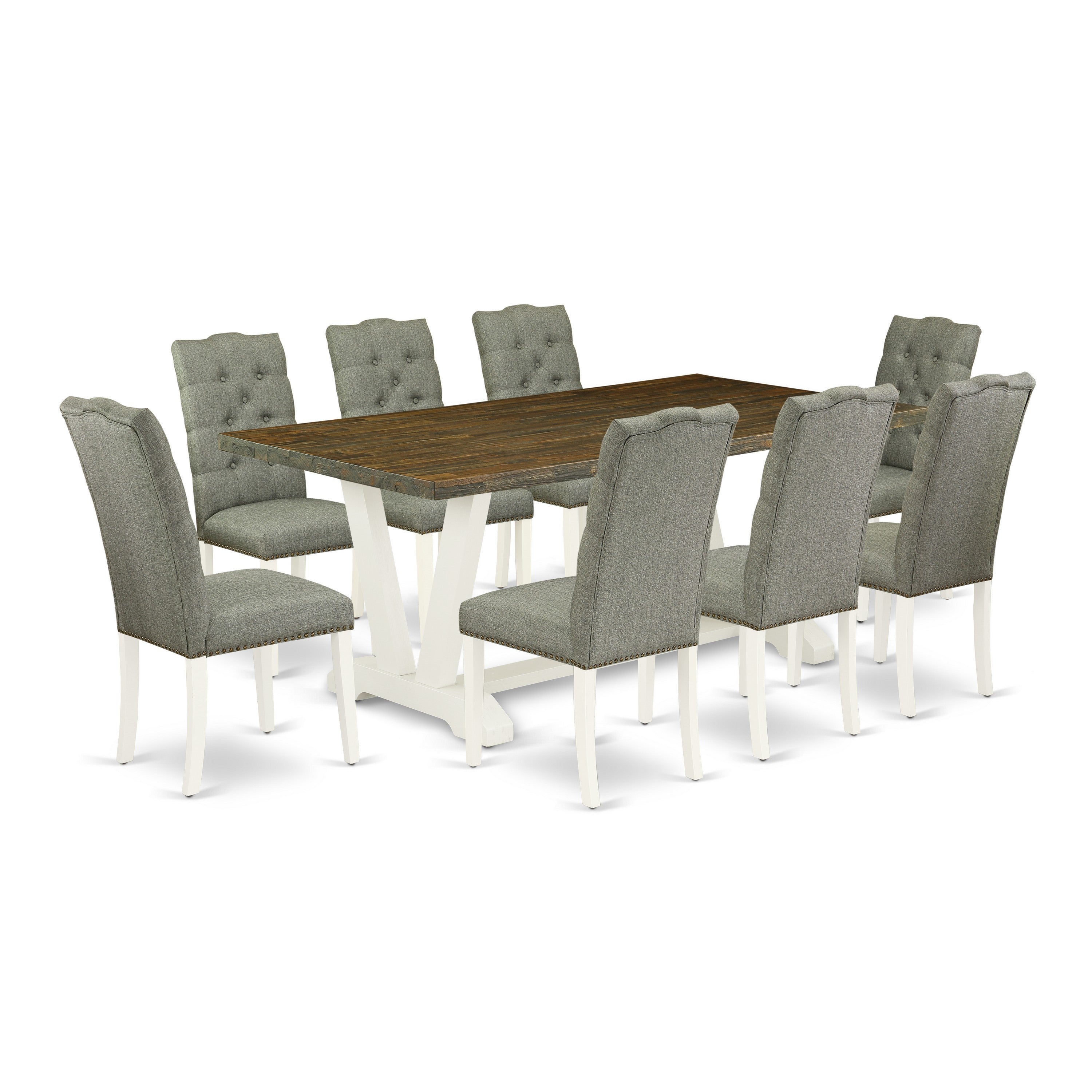 East West Furniture 9-Piece Dinette Set- 8 Mid Century Dining Chairs with Smoke Linen Fabric Seat and Button Tufted Chair Back - Rectangular Table top & Wooden Legs - Distressed Jacobean and linen white Finish