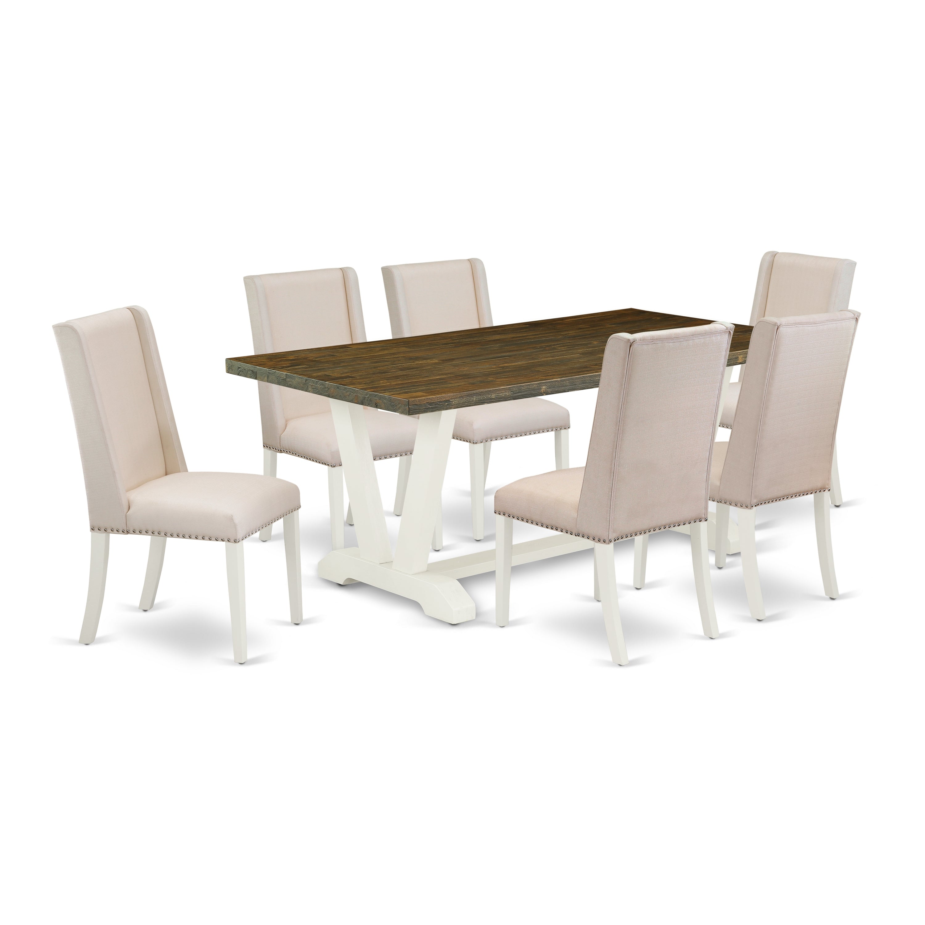 East West Furniture V077FL201-7 7-Pc Dining Set with Dining Room Table and 6 Linen Fabric Padded Parson Chairs - Wire Brushed linen white Finish