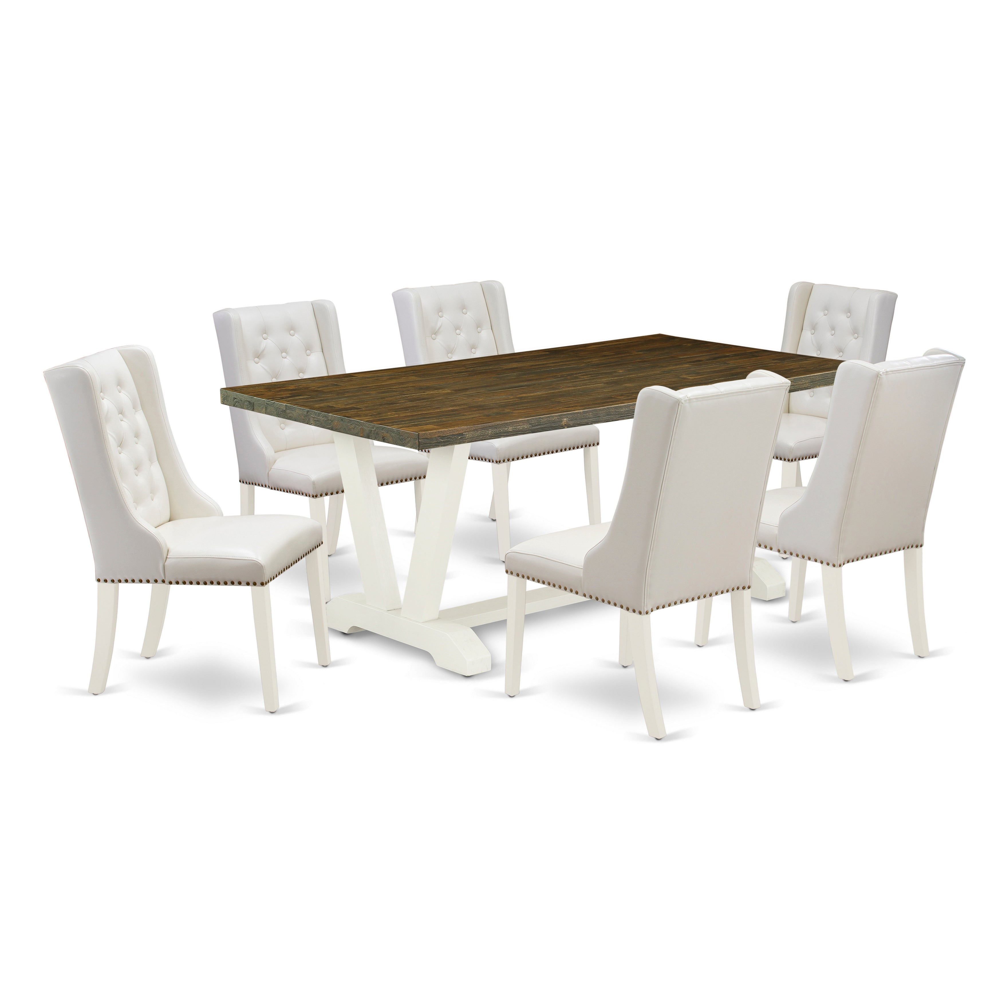 Juego de mesa de comedor moderna de 7 piezas East West Furniture V077FO244-7 compuesto por una mesa rectangular de madera con patas en V y 6 sillas tapizadas de piel sintética gris claro.