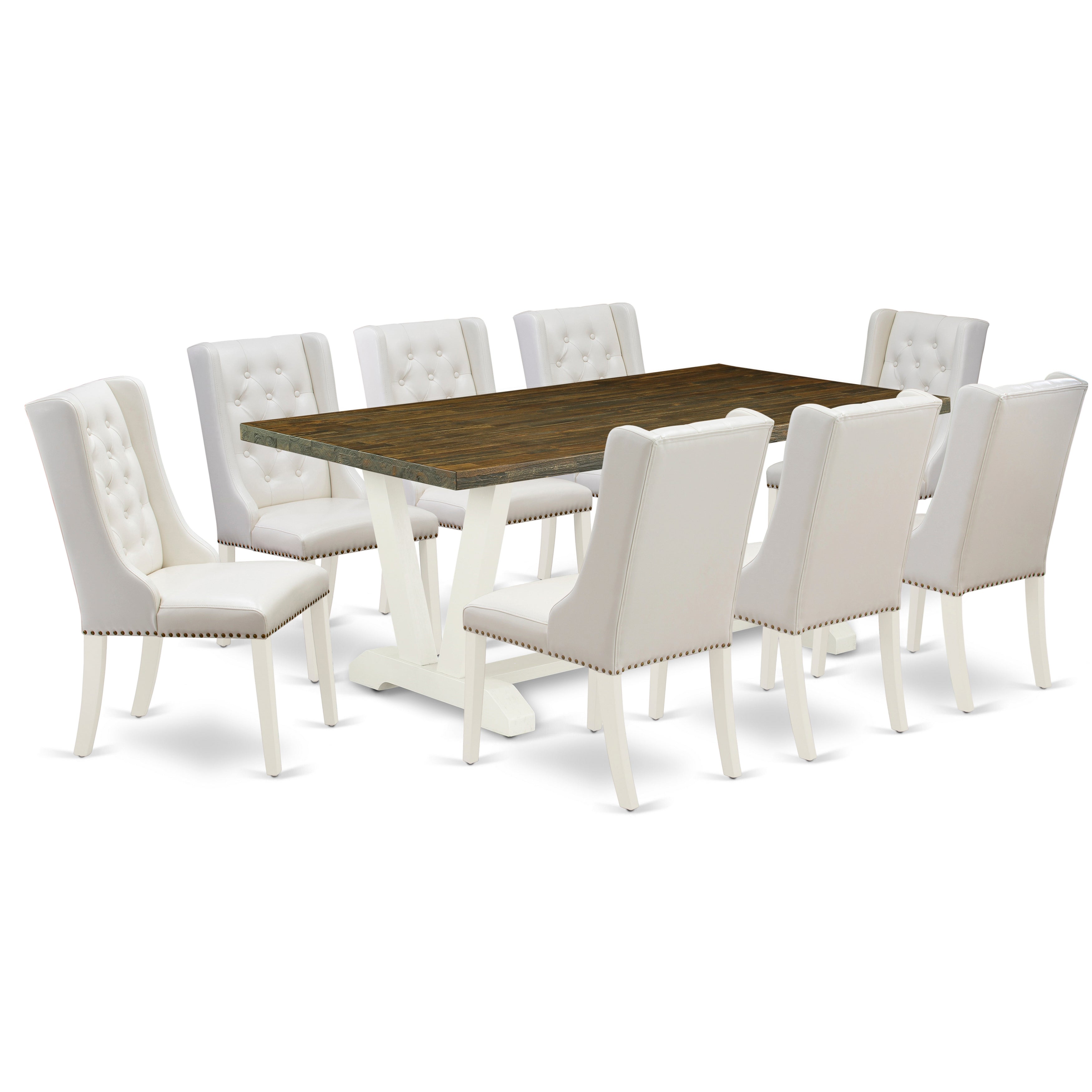 Juego de comedor de 9 piezas East West Furniture V077FO244-9 Incluye una mesa de comedor rectangular con patas en V y 8 sillas tapizadas de piel sintética gris claro