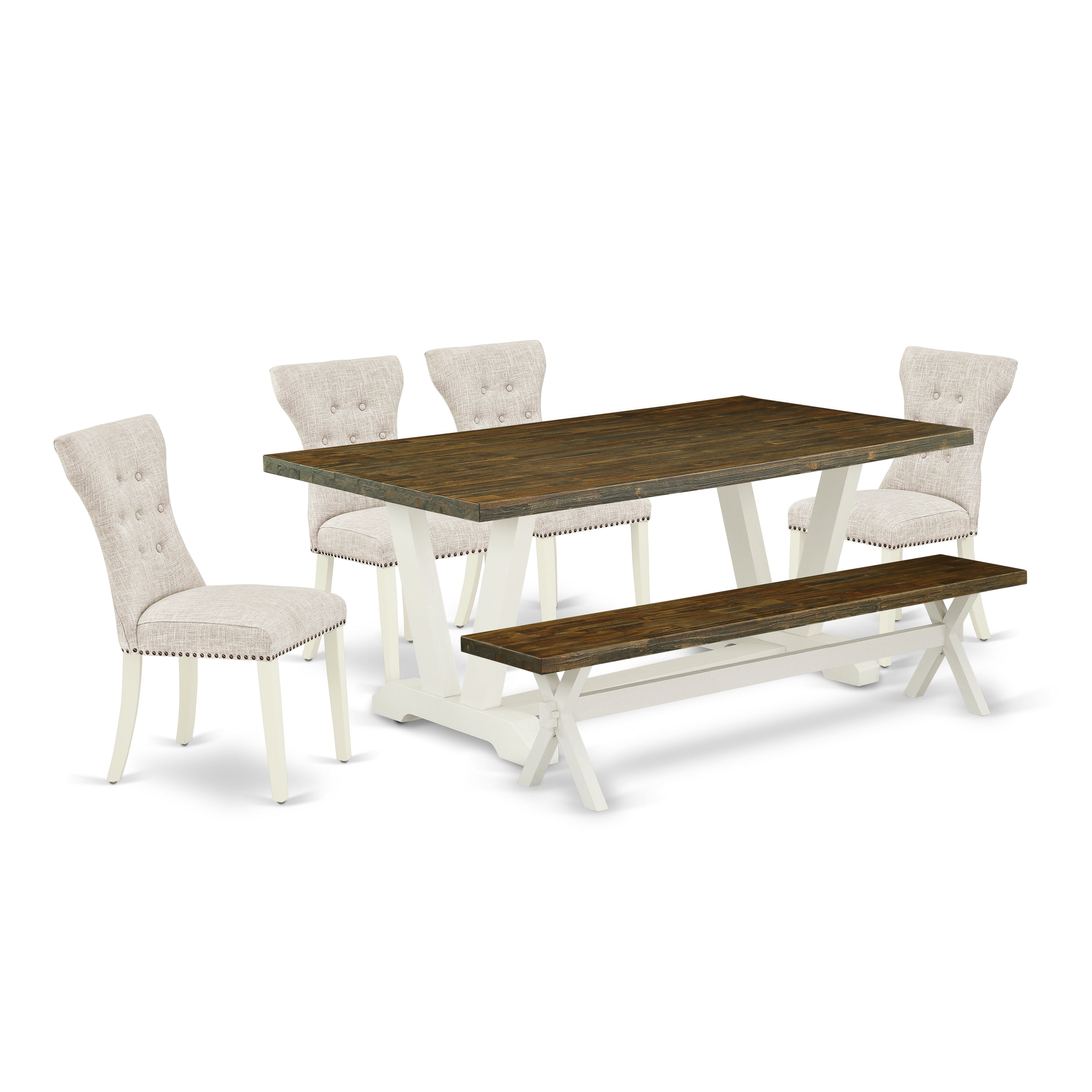 V077GA235-6 6-Piece Dinette Room Set- 4 Padded Parson Chairs with Doeskin Linen Fabric Seat and Button Tufted Chair Back - Rectangular top & Wooden Legs Dining Table and Wooden Bench - Distressed Jacobean and linen white Finish