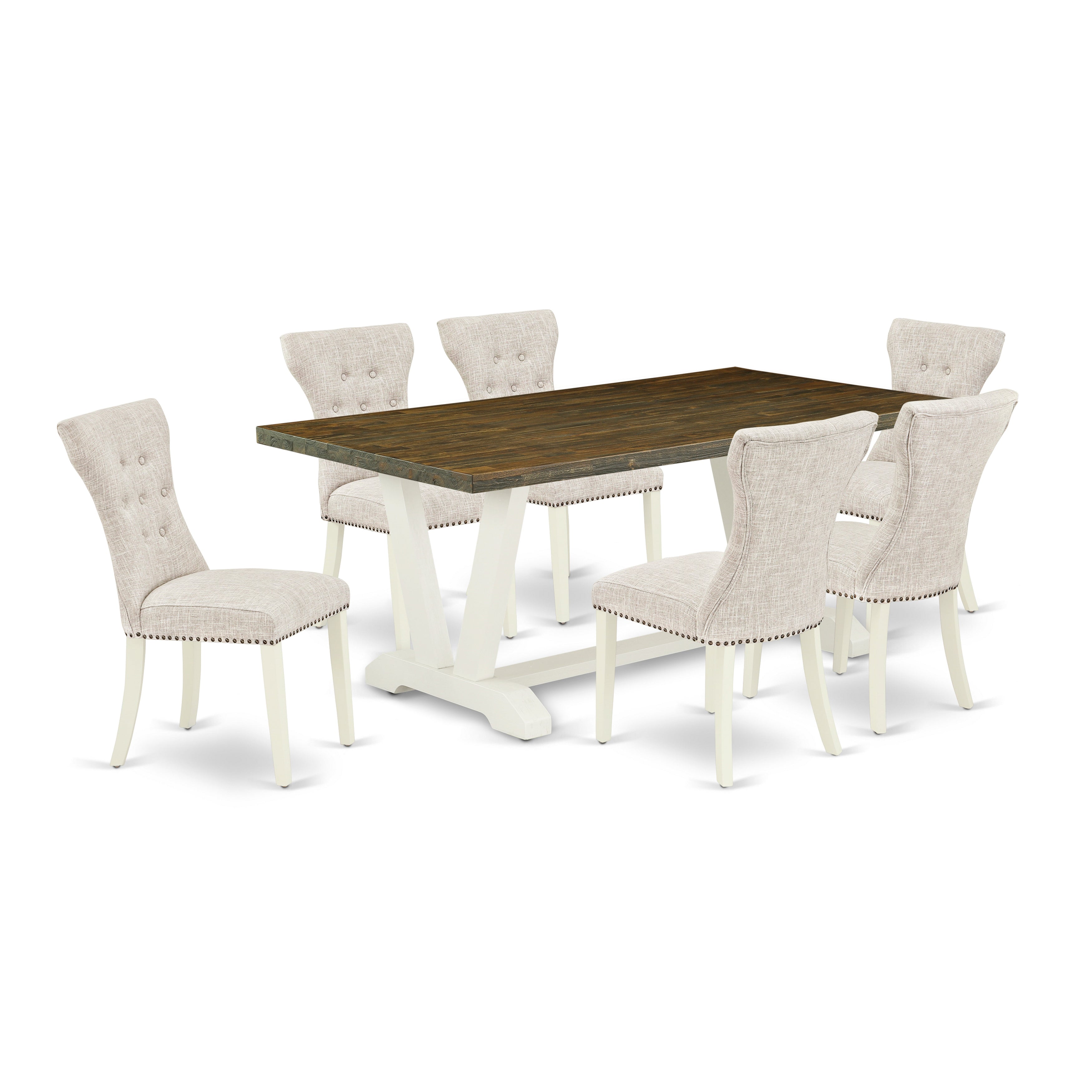 East West Furniture V077GA235-7 7-Pc Dinette Room Set- 6 Upholstered Dining Chairs with Doeskin Linen Fabric Seat and Button Tufted Chair Back - Rectangular Table top & Wooden Legs - Distressed Jacobean and linen white Finish
