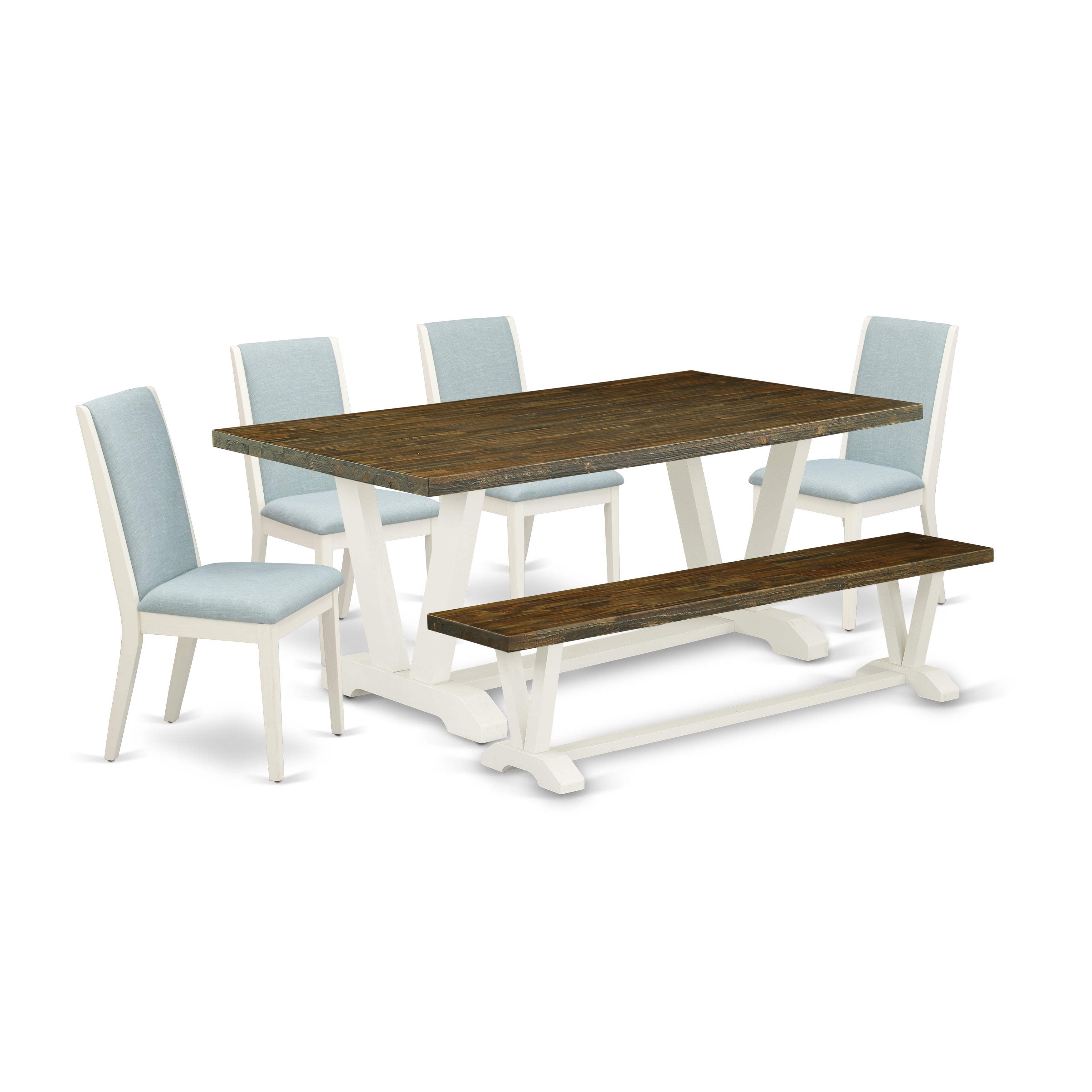 V077LA015-6 6Pc Dining Table Set Includes a Wood Dining Table, 4 Parsons Dining Chairs with Baby Blue Color Linen Fabric and a Bench, Medium Size Table with Full Back Chairs, Wirebrushed Linen White and Distressed Jacobean Finish