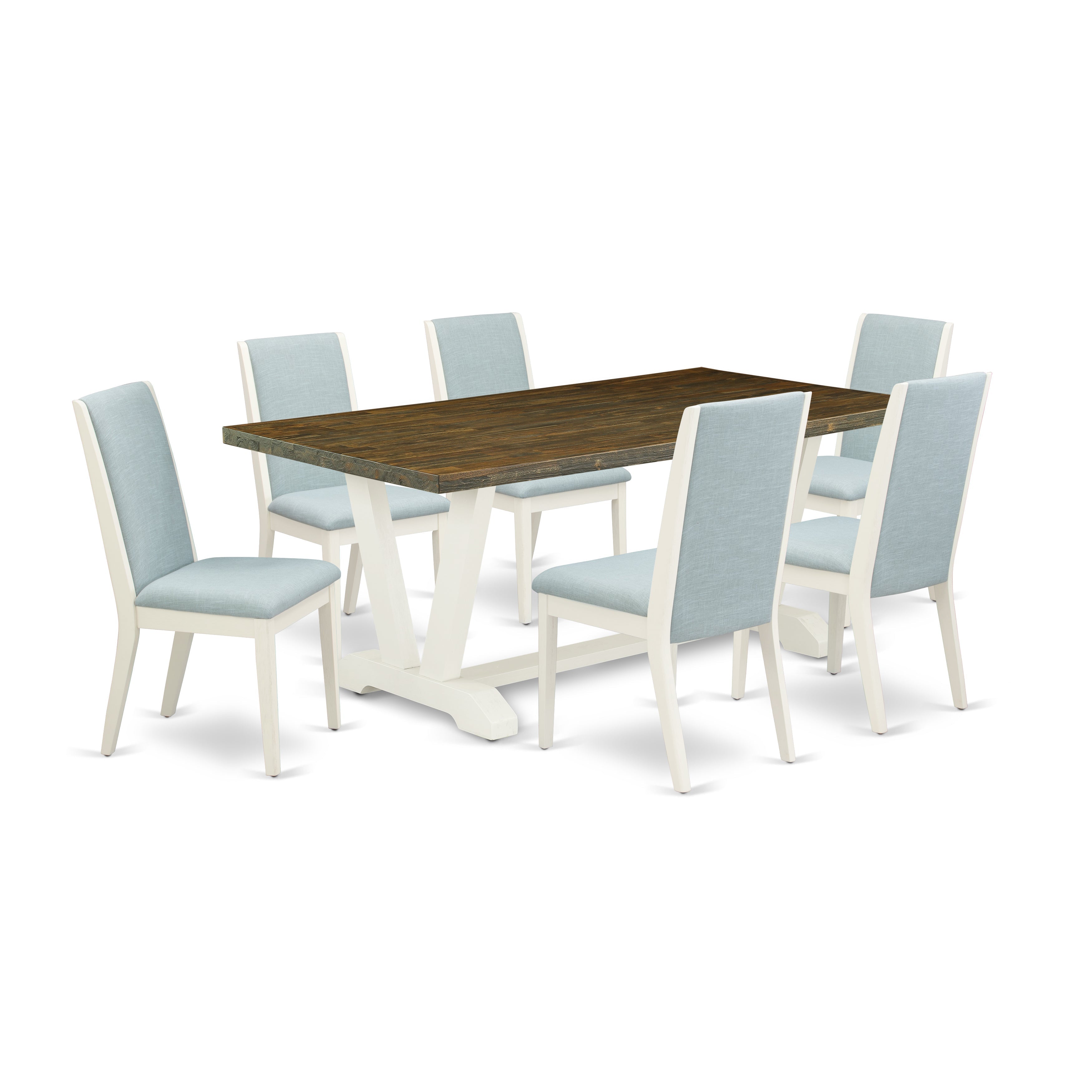 Juego de mesa de comedor de 7 piezas East West Furniture V077LA015-7 compuesto por una mesa de cocina rectangular con patas en V y 6 sillas tapizadas en tela de lino azul bebé.