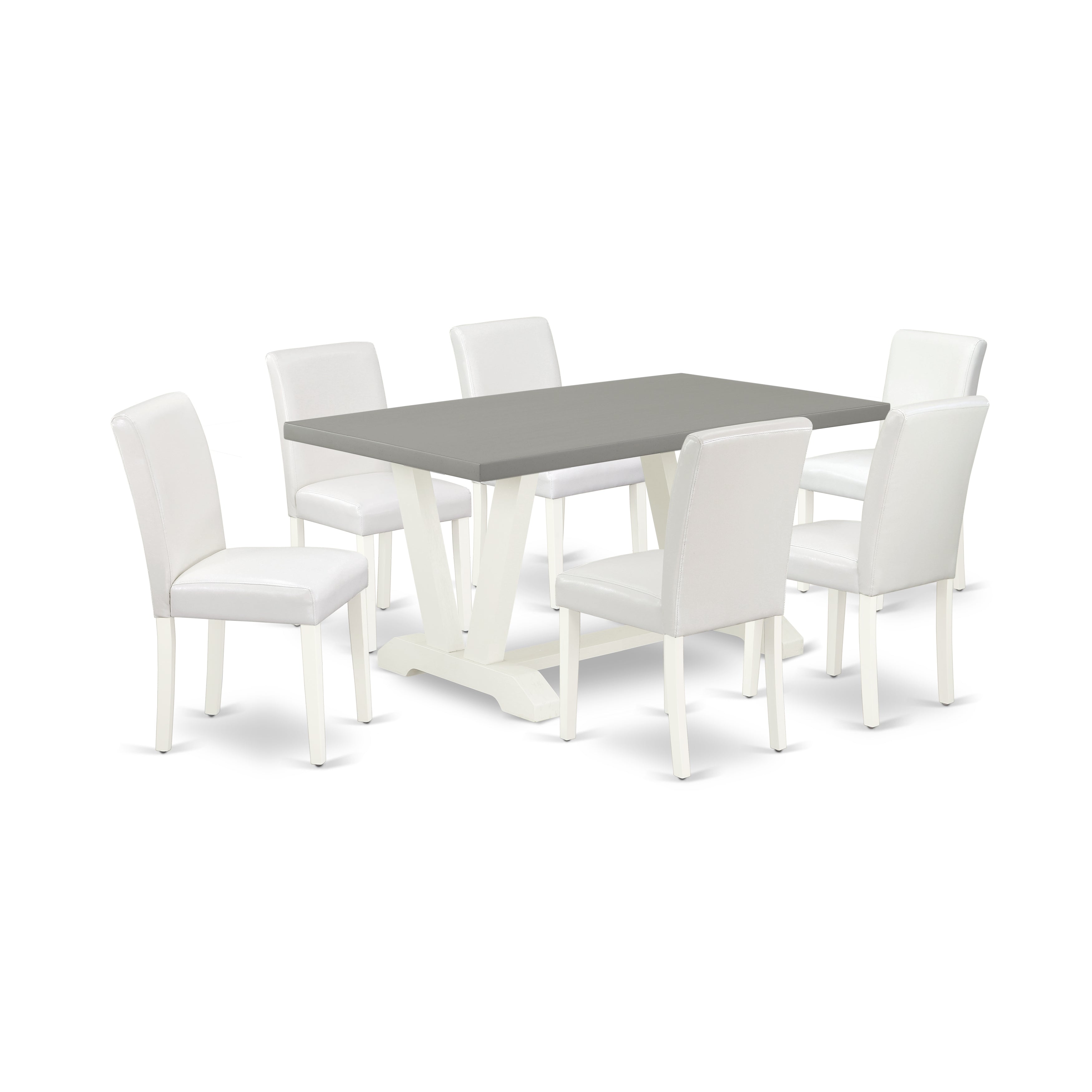 Juego de comedor de 7 piezas East West Furniture V096AB264-7 compuesto por una mesa de comedor rectangular con patas en V y 6 sillas Parson tapizadas en piel sintética blanca.