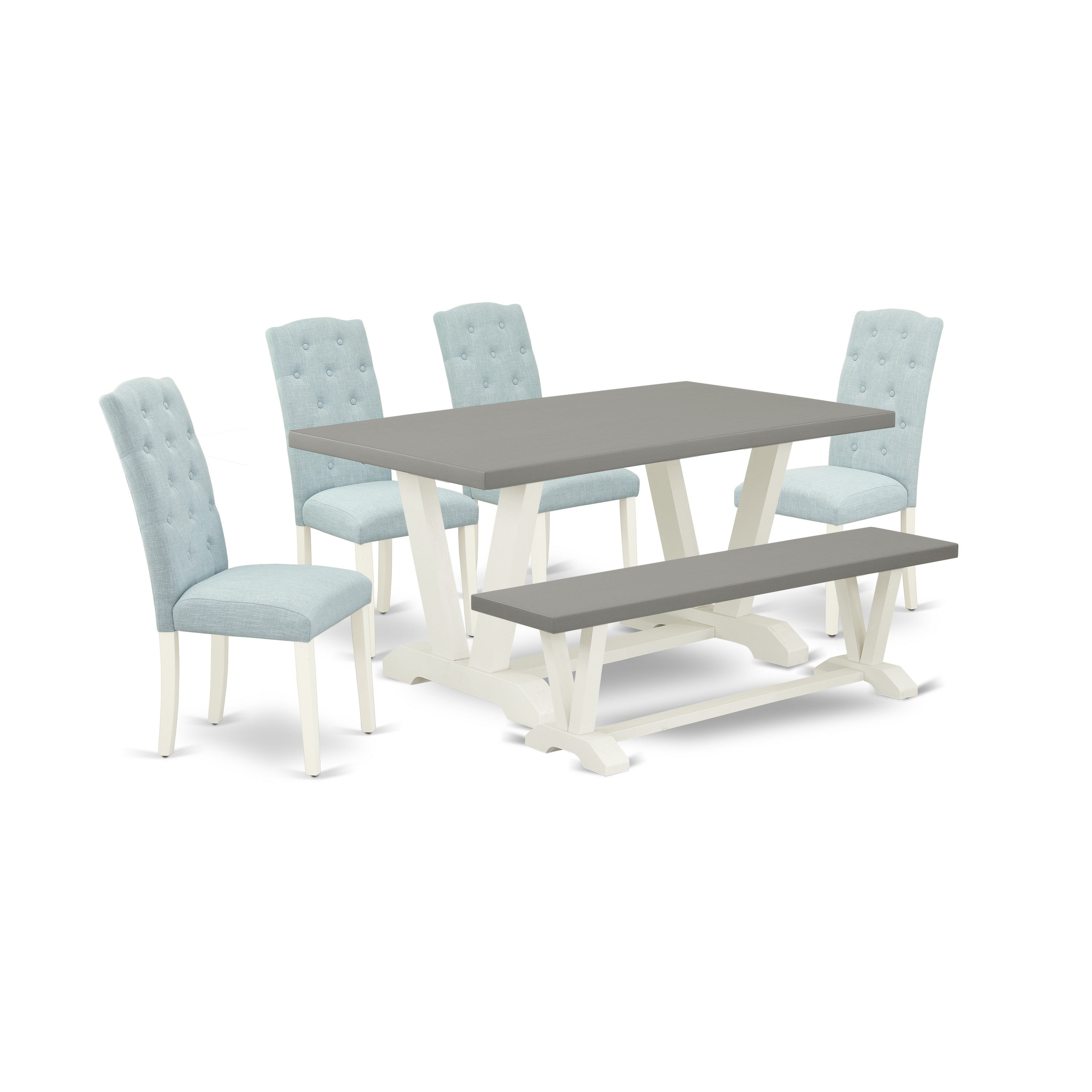 6-Pc Kitchen Dining Set- 4 Dining Chairs with Baby Blue Linen Fabric Seat and Button Tufted Chair Back - Rectangular top & Wooden Legs Wood Kitchen Table and Small Bench - Cement and linen white Finish