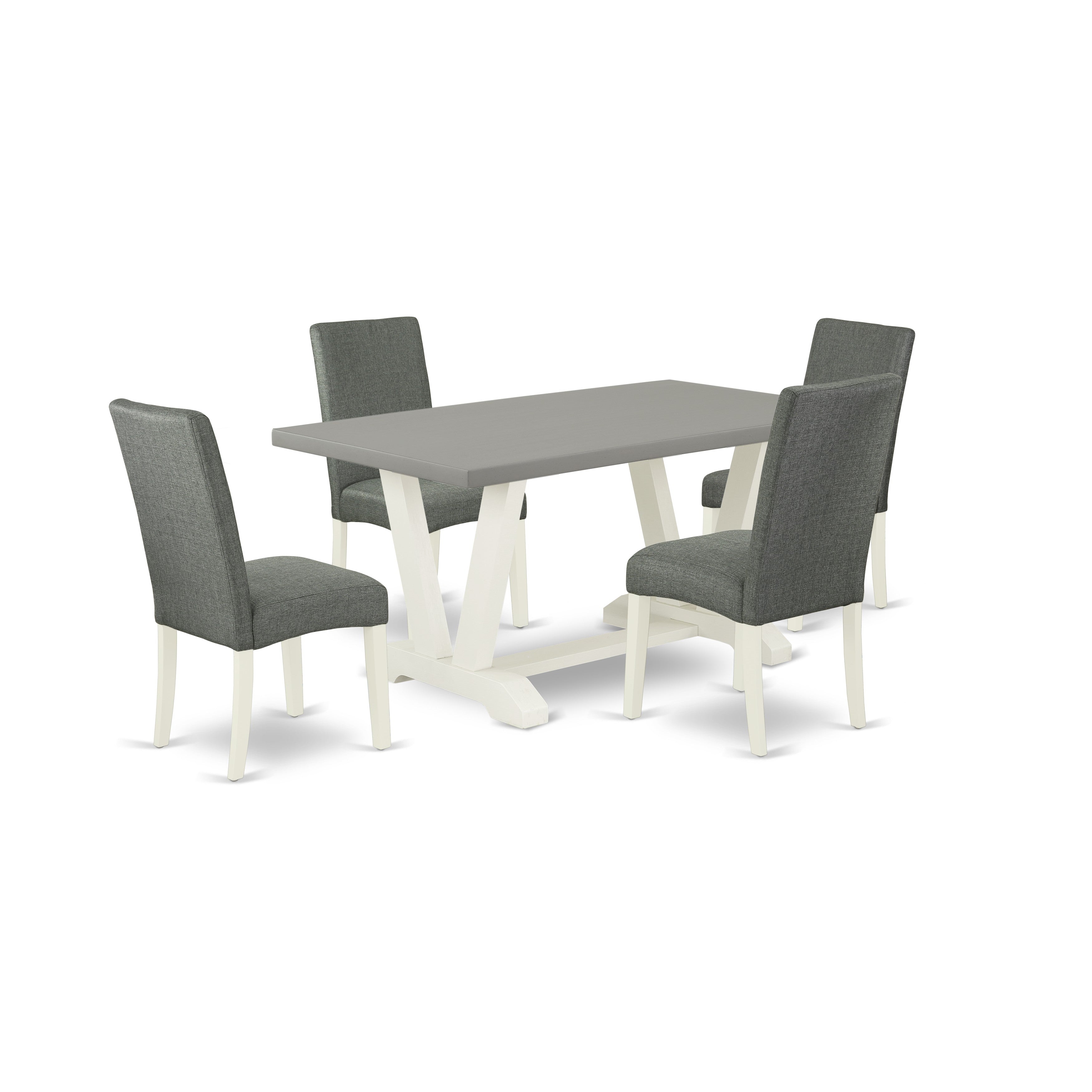 Juego de mesa de comedor moderna de 5 piezas East West Furniture V096DR207-5. Incluye una mesa rectangular de madera con patas en V y 4 sillas de comedor Parsons de tela de lino gris.
