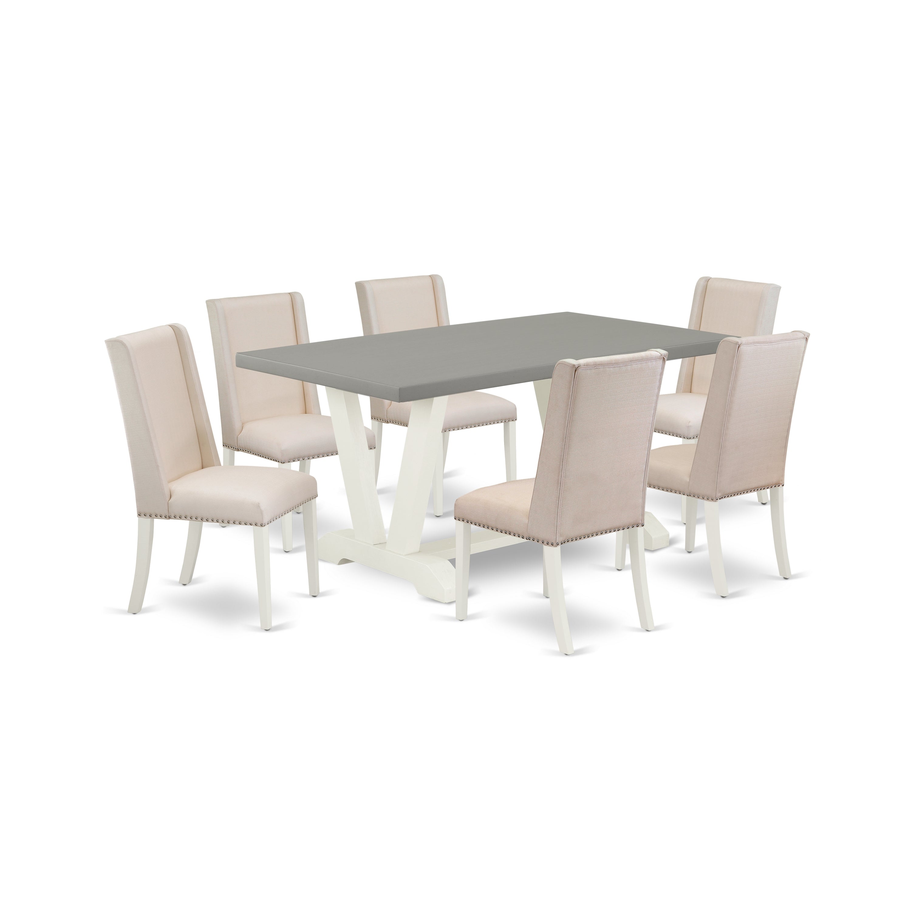 East West Furniture V096FL201-7 7-Piece Dining Room Table Set with Kitchen Table and 6 Linen Fabric Kitchen Chairs (linen white Finish)