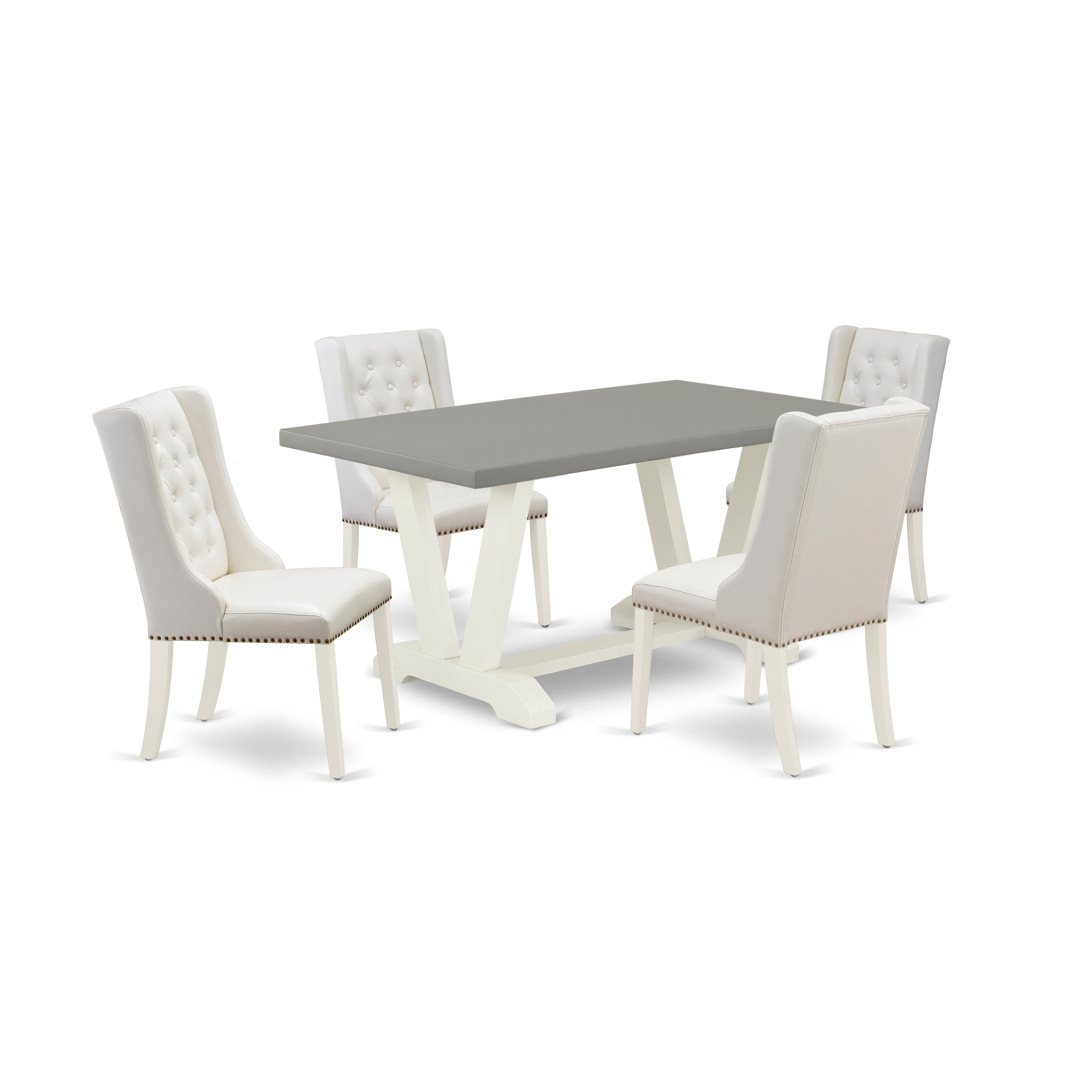 East West Furniture V096FO244-5 5-Piece Dining Room Set Includes 4 Linen white Pu faux Leather Parson Dining Chairs Button Tufted with Nailheads and Cement Rectangular Table - linen white Finish
