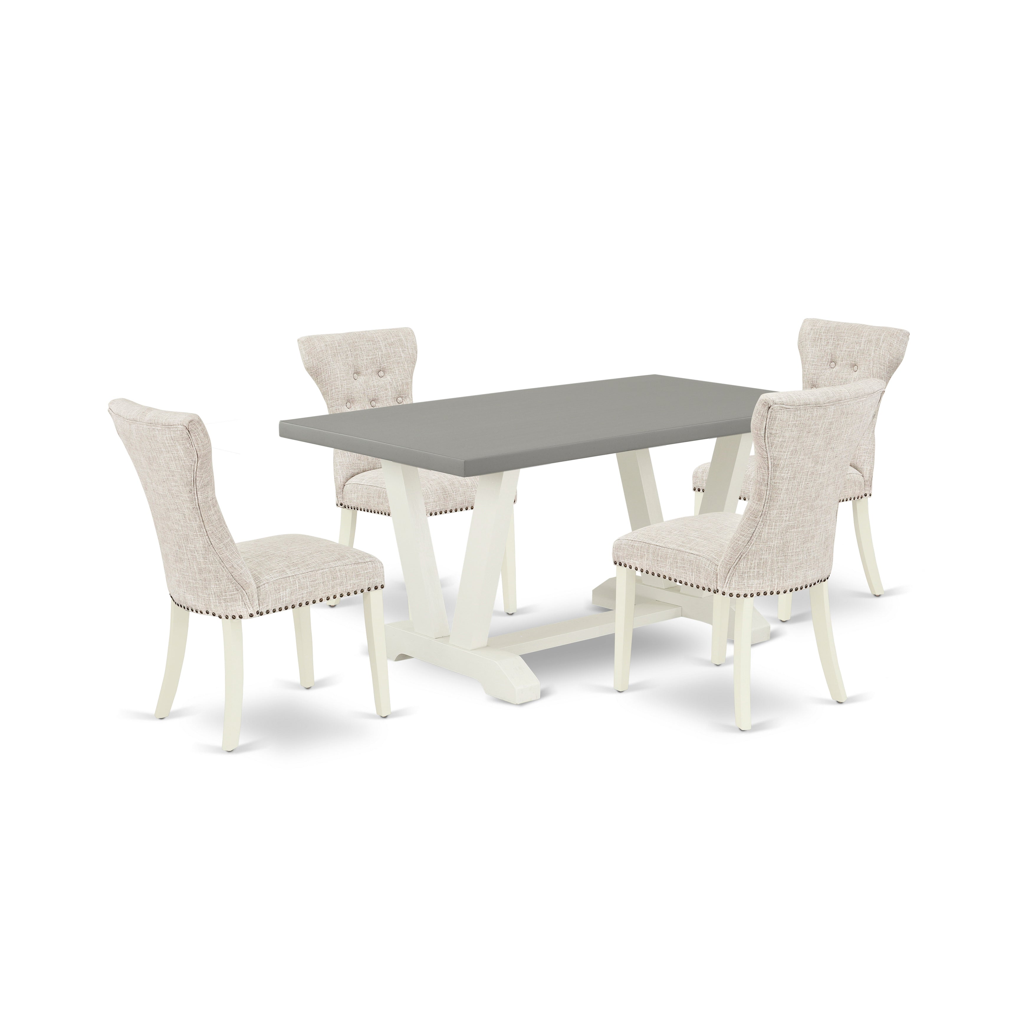 Juego de mesa de comedor moderna de 5 piezas East West Furniture V096GA235-5. Incluye una mesa rectangular de madera con patas en V y 4 sillas tapizadas en tela de lino y piel de venado.