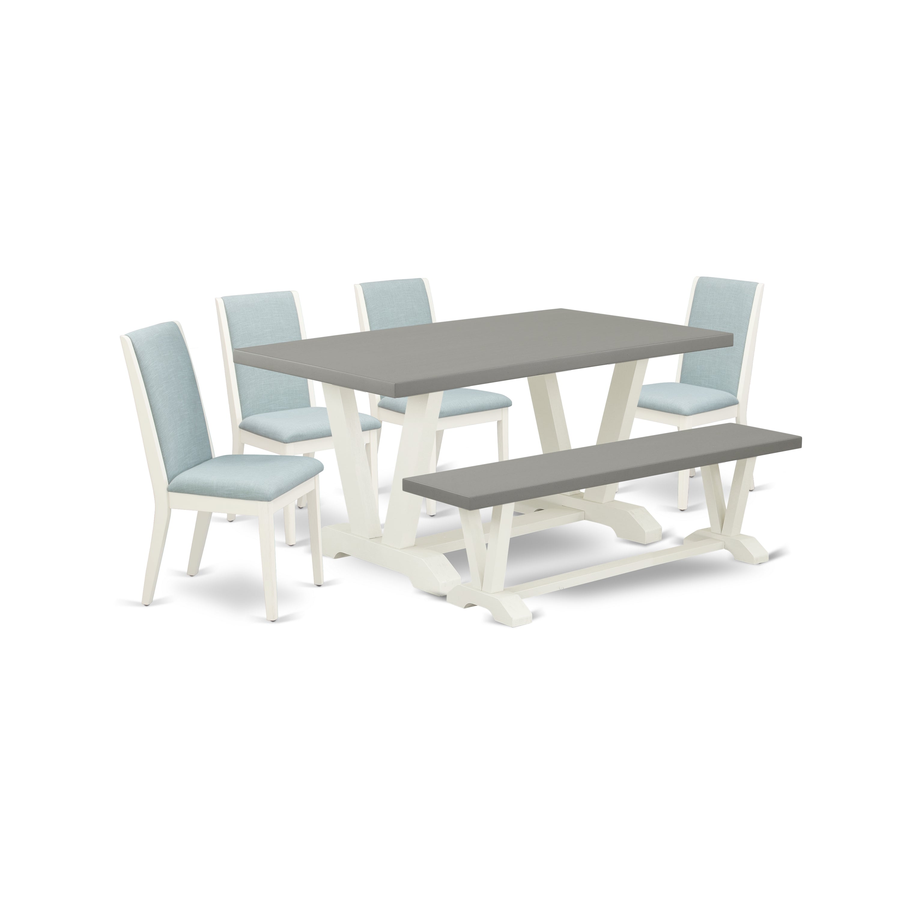 V096LA015-6 6-Piece Rectangular Table Set with Dining Room Table and Dining Bench - 4 Linen Fabric Padded Chairs (linen white Finish)