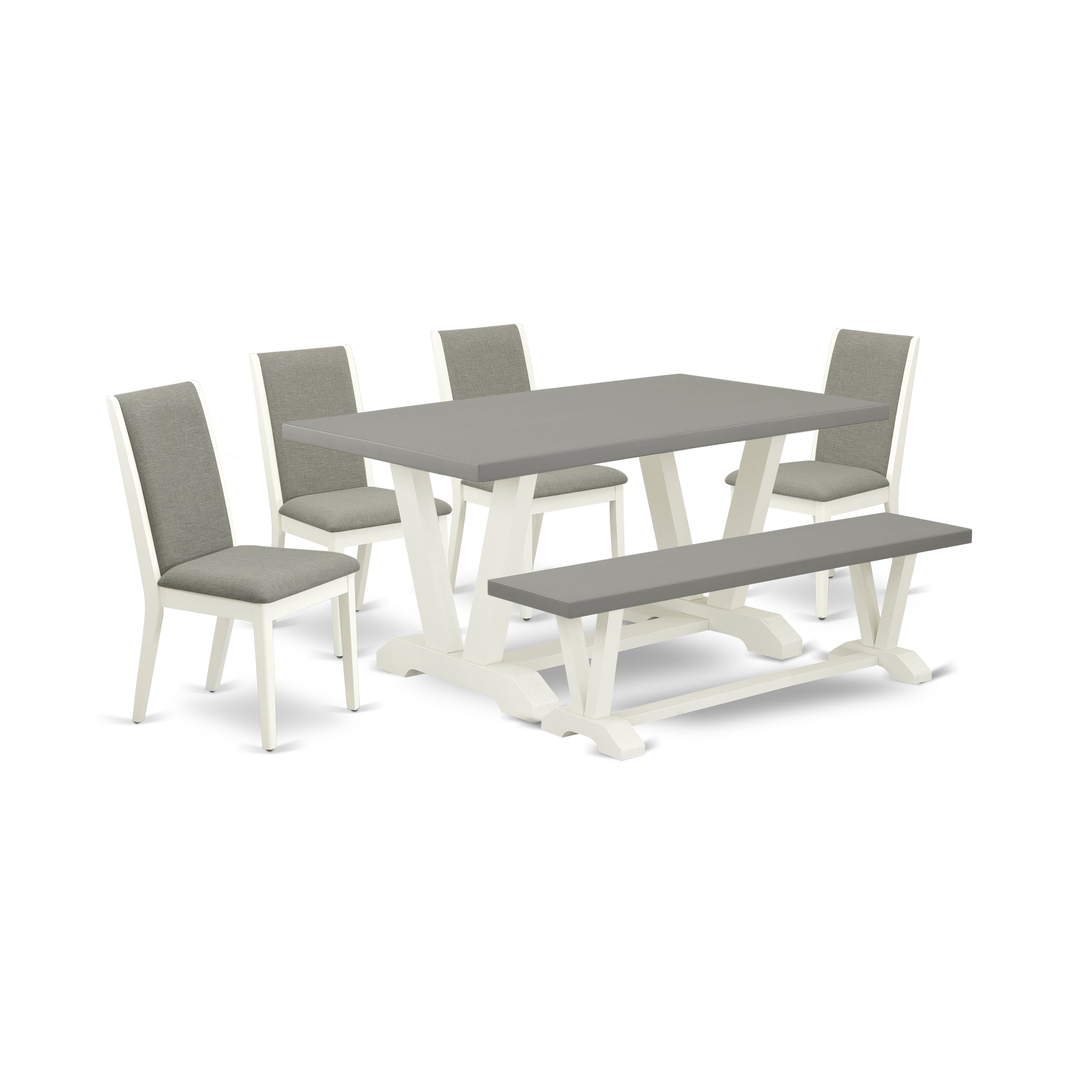 V096LA206-6 6-Piece Dining Set with Kitchen Rectangular Table and Wood Bench - 4 Linen Fabric Padded Chairs (linen white Finish)