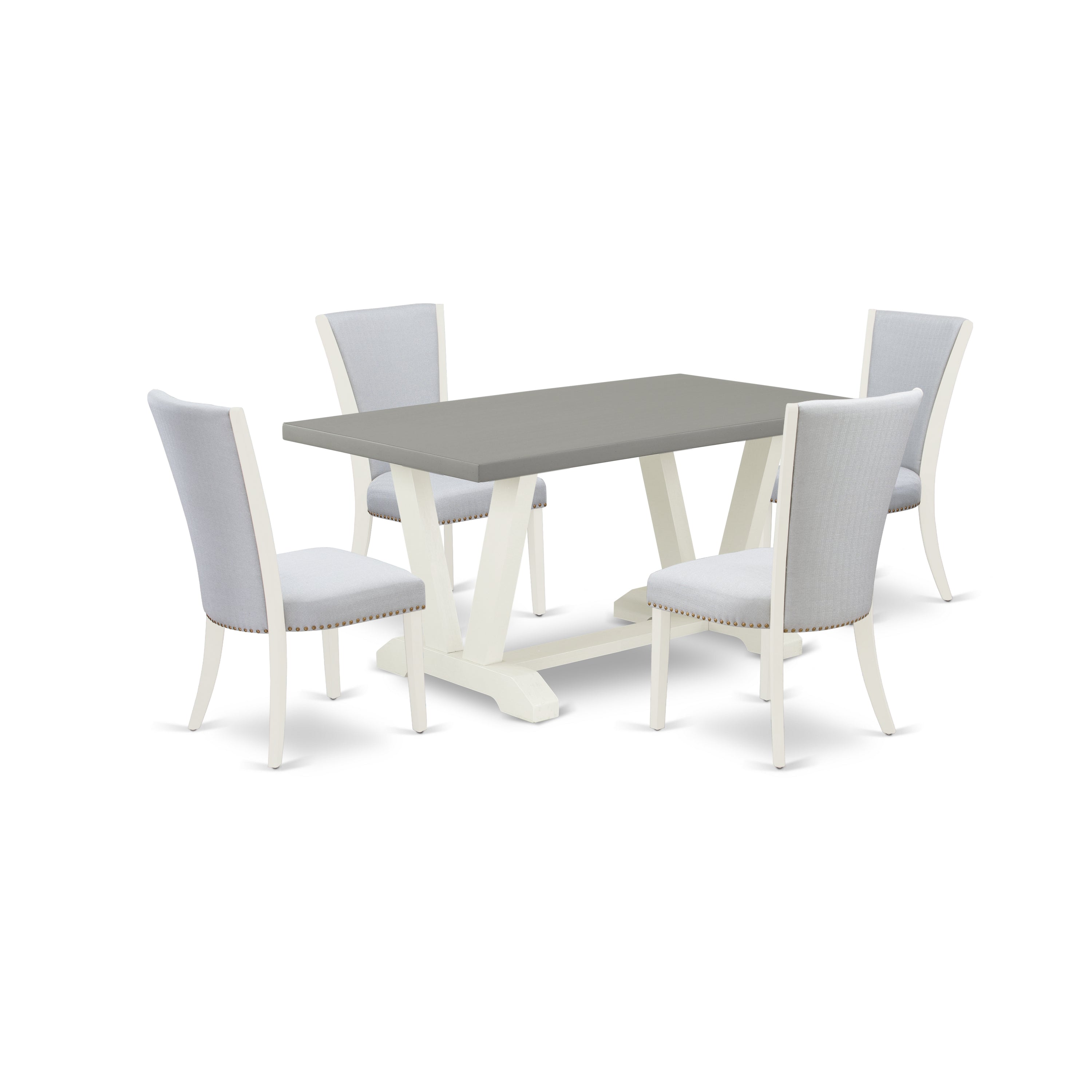 El juego de mesa de comedor de 5 piezas East West Furniture V096VE005-5 incluye una mesa de comedor rectangular con patas en V y 4 sillas Parson tapizadas en tela de lino gris.
