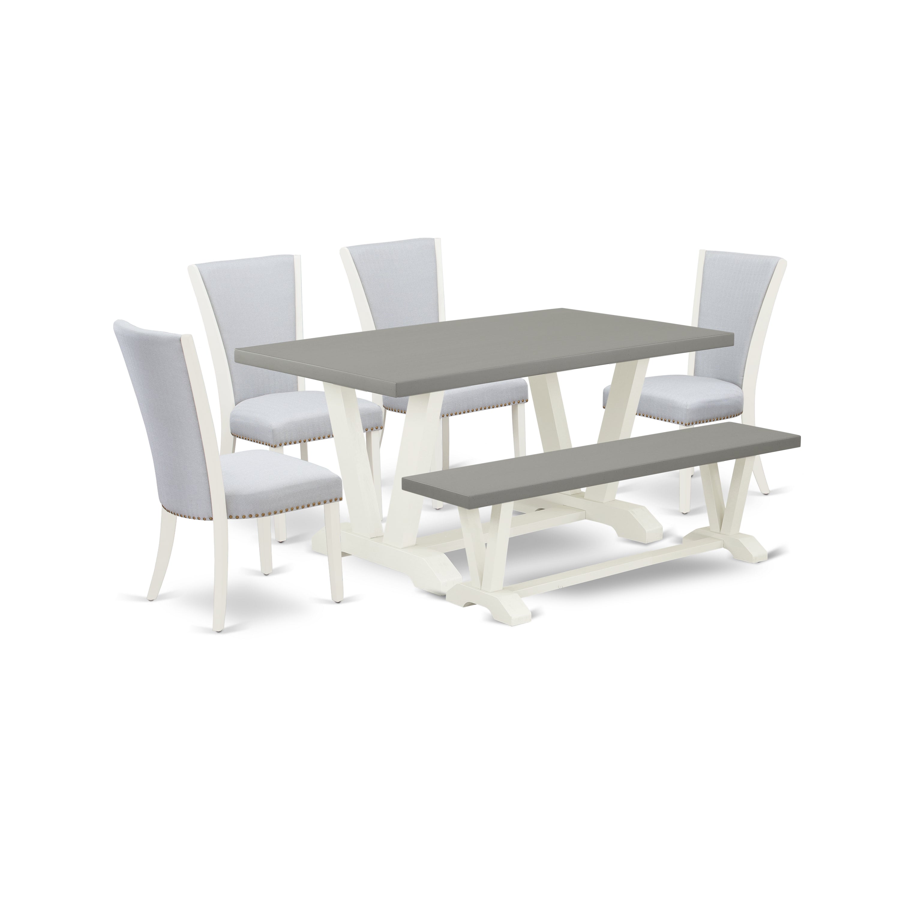 V096VE005-6 6 Piece Mid Century Dining Set - 4 Grey Linen Fabric Dining Room Chairs with Nailheads and Cement Modern Dining Table - 1 Kitchen Bench - Wirebrushed linen white Finish