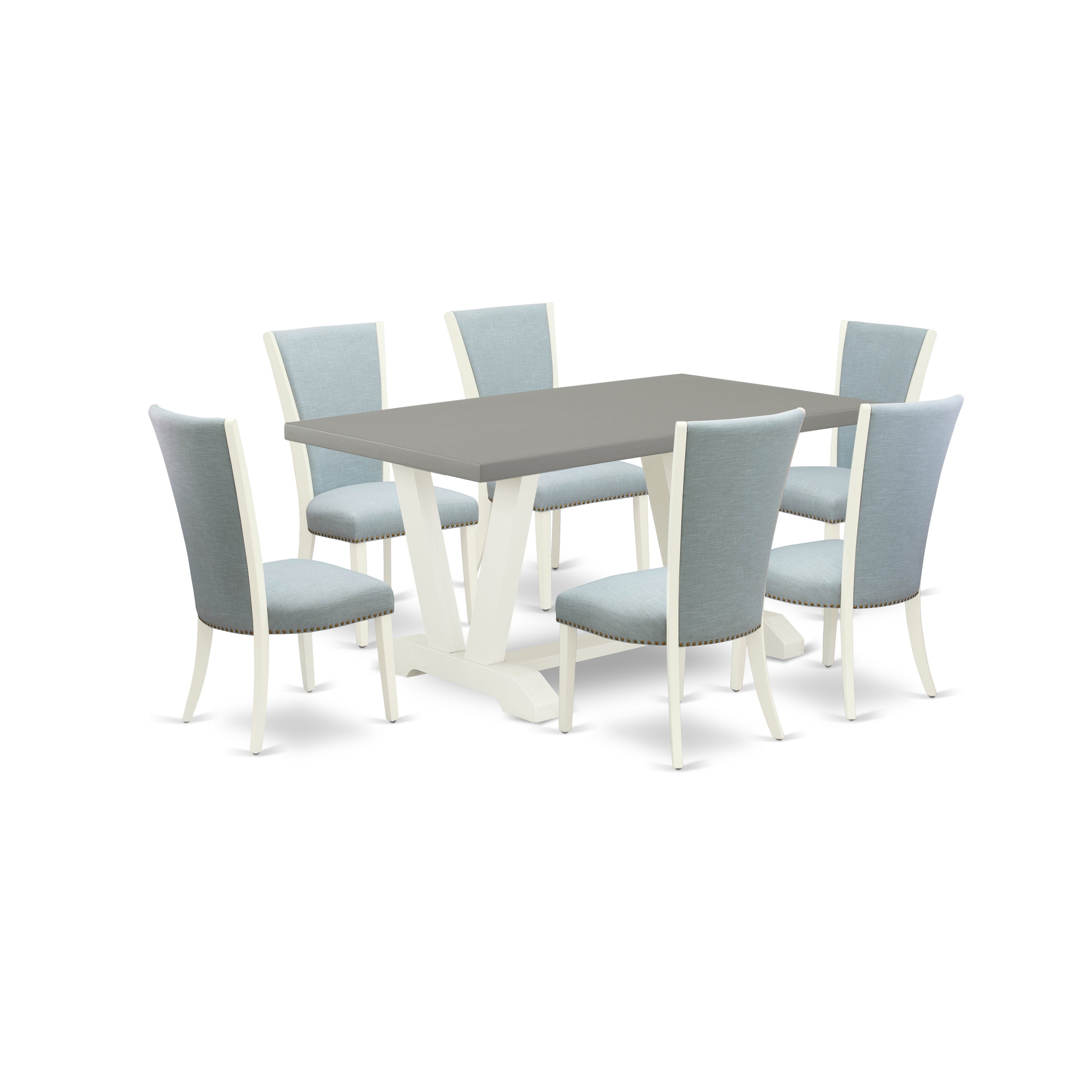 East West Furniture V096VE215-7 7 Piece Dining Table Set - 6 Baby Blue Linen Fabric Upholstered Chair with Nailheads and Cement Wood Dining Table - linen white Finish