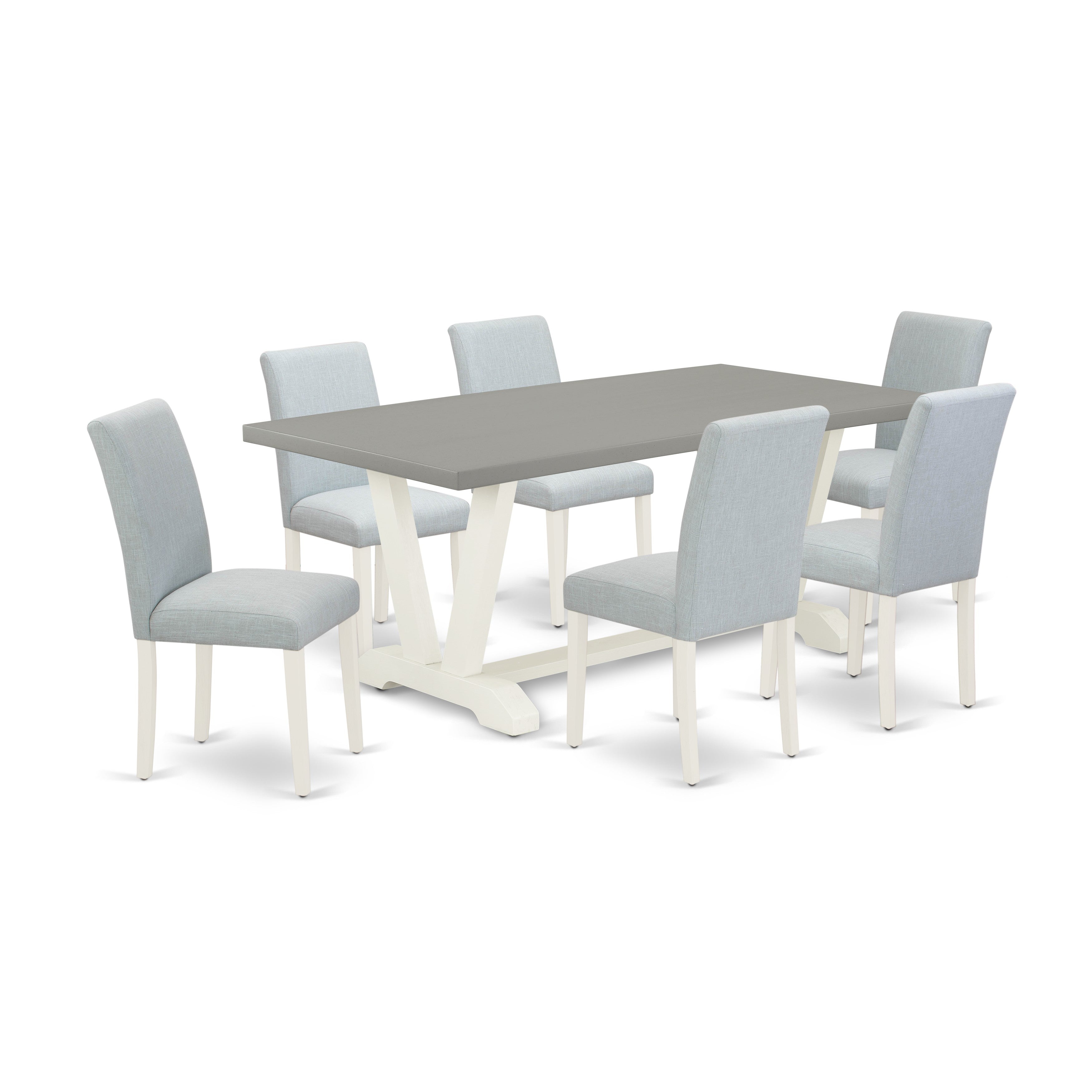 Juego de mesa de cocina de 7 piezas East West Furniture V097AB015-7 compuesto por una mesa de comedor rectangular con patas en V y 6 sillas de comedor Parsons de tela de lino azul bebé.