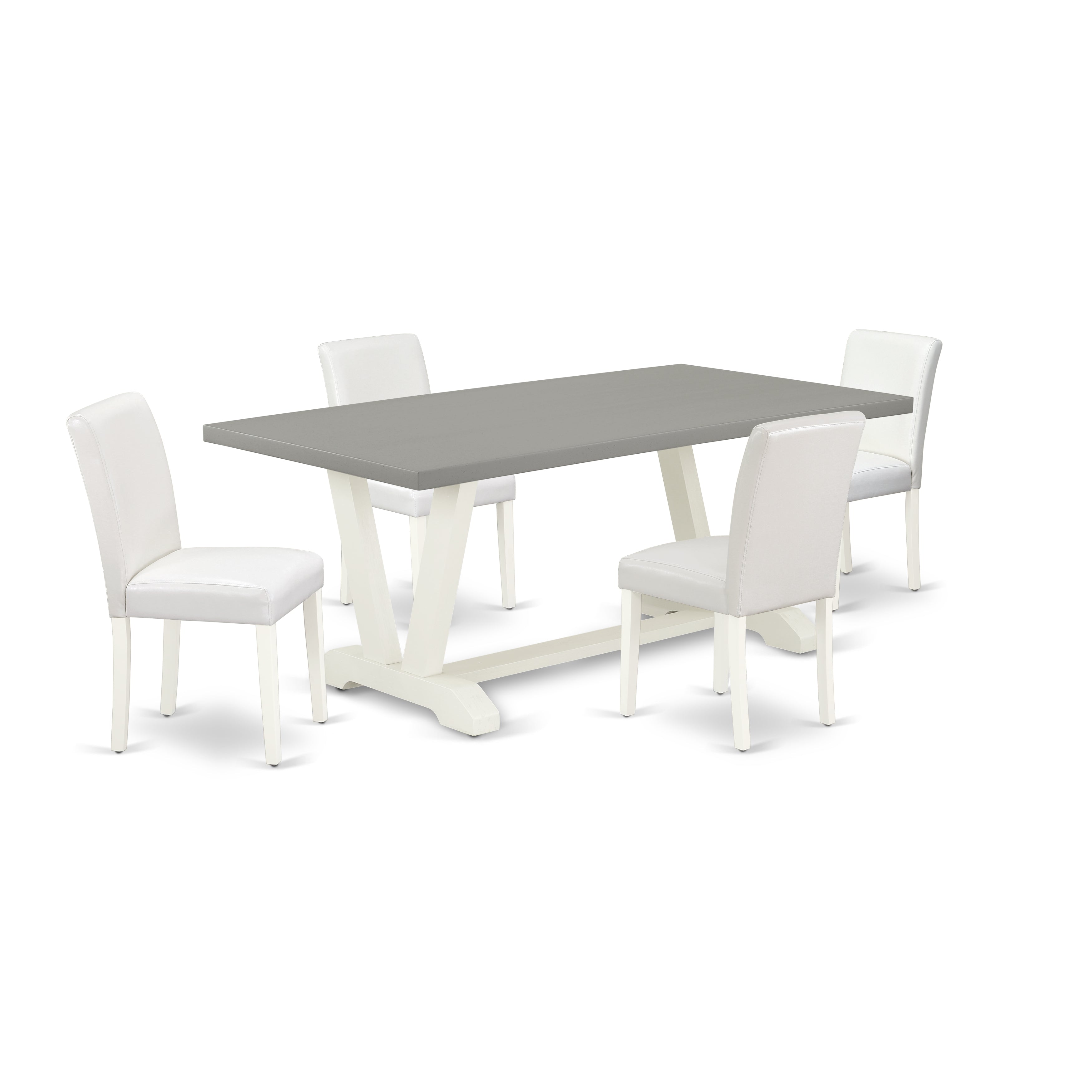 Juego de mesa y sillas de cocina de 5 piezas East West Furniture V097AB264-5. Incluye una mesa de comedor rectangular con patas en V y 4 sillas tapizadas en piel sintética blanca.