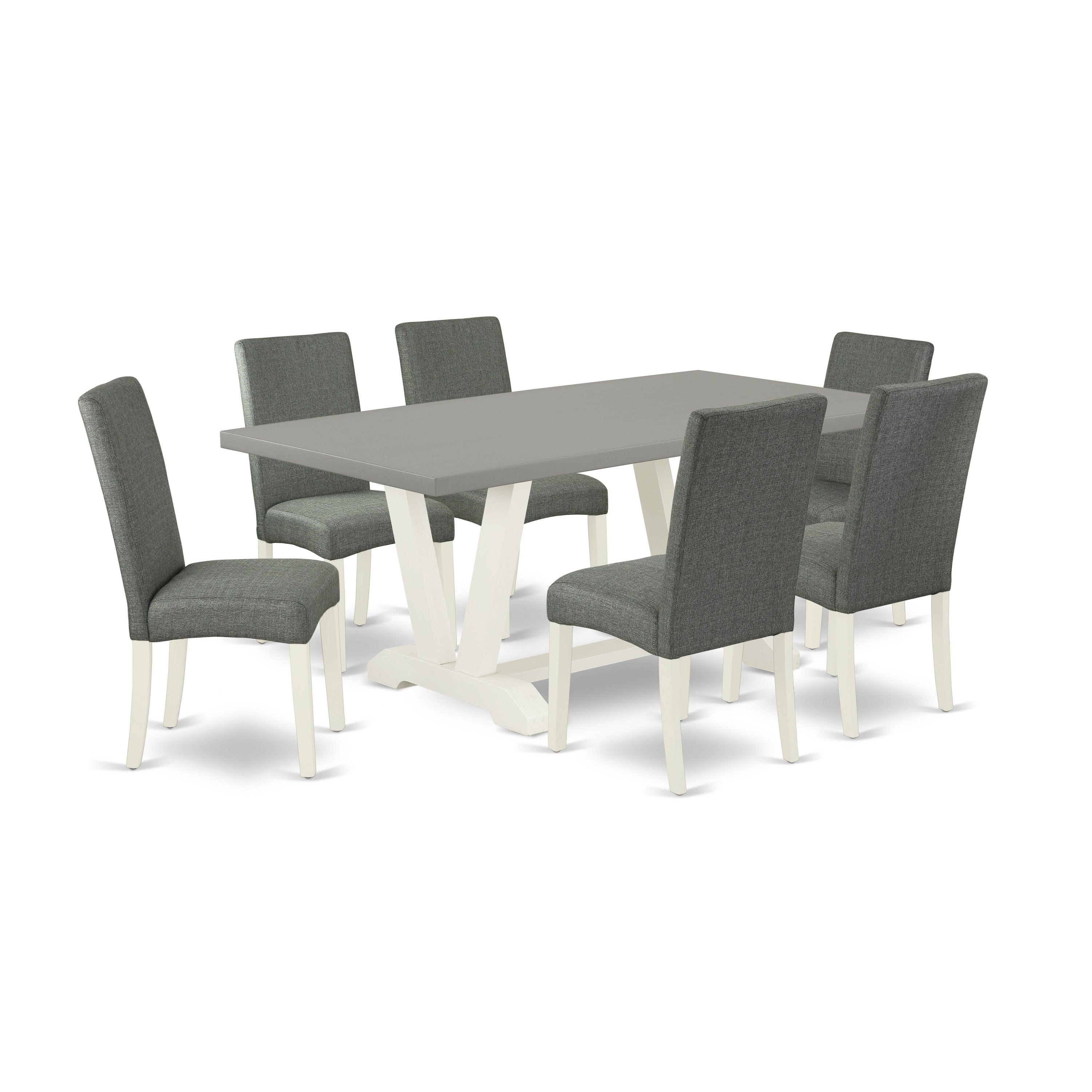 Juego de comedor de 7 piezas East West Furniture V097DR207-7 compuesto por una mesa de comedor rectangular con patas en V y 6 sillas Parson tapizadas en tela de lino gris.