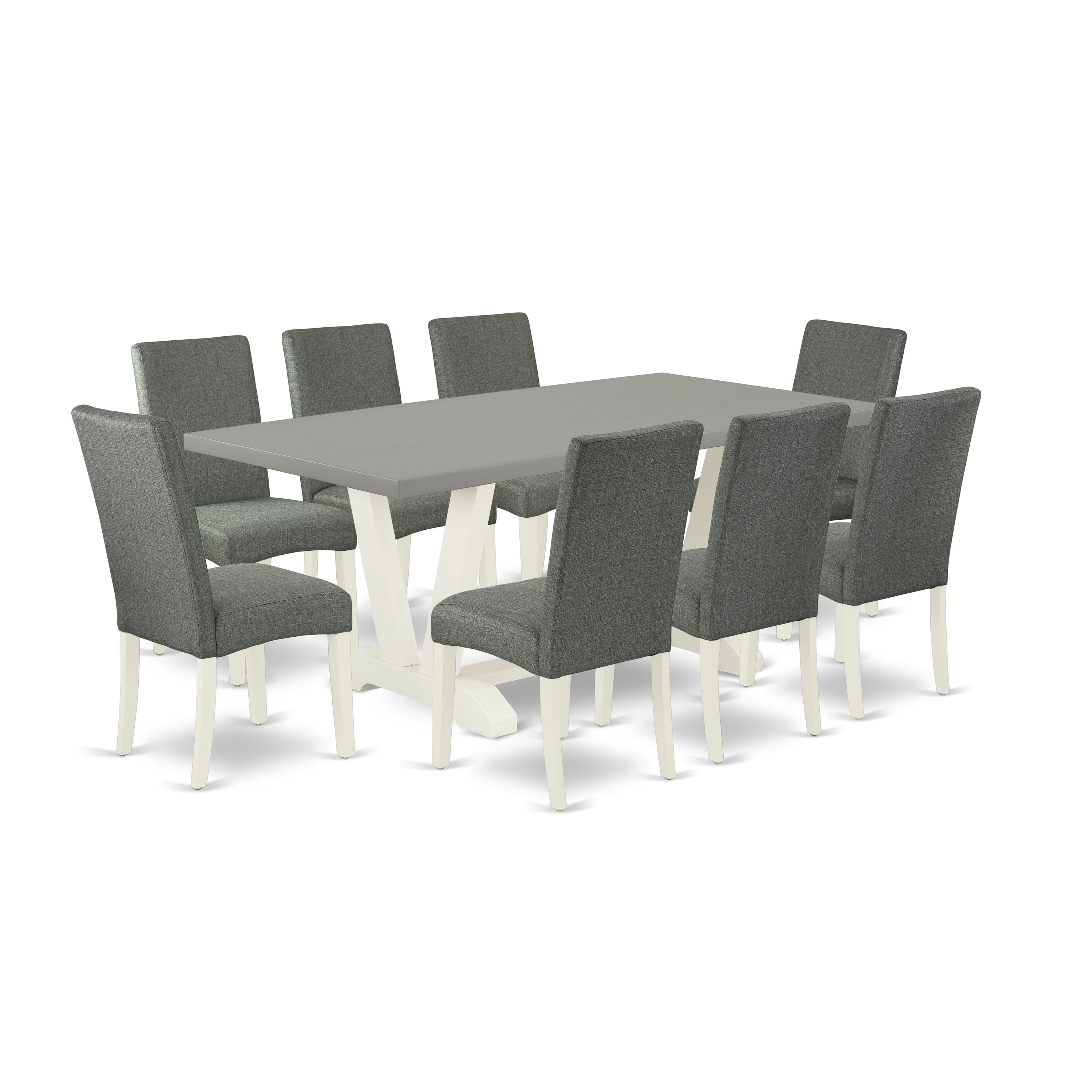 Juego de comedor East West Furniture V097DR207-9 de 9 piezas. Incluye una mesa de comedor rectangular con patas en V y 8 sillas Parson tapizadas en tela de lino gris.