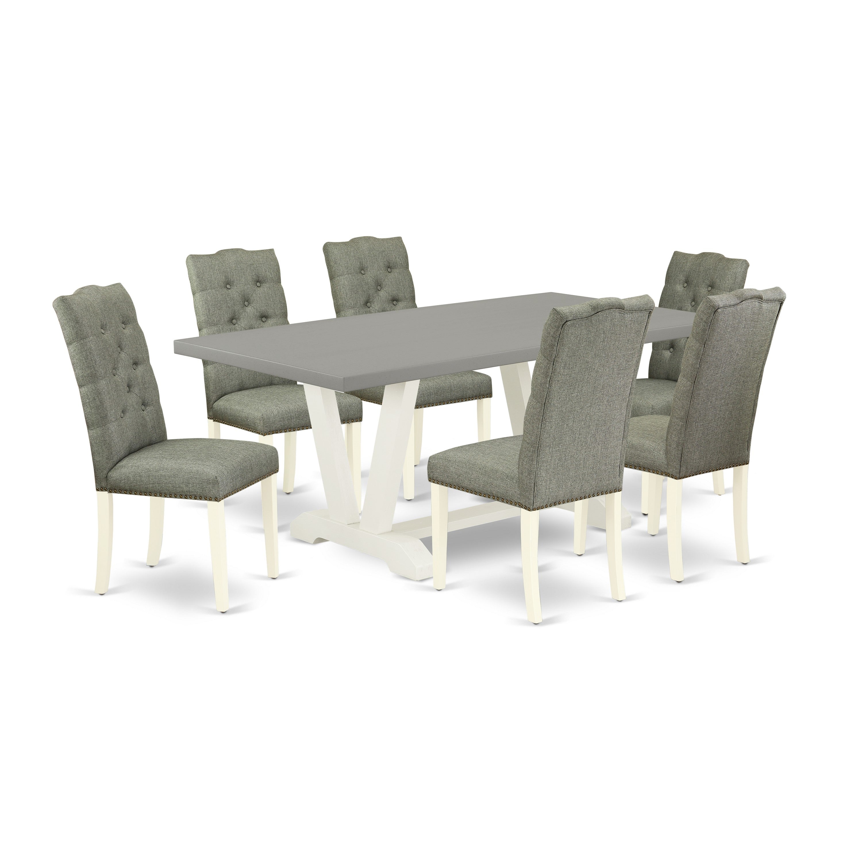 East West Furniture V097EL207-7 7-Piece Dinette Set- 6 Parson Dining Chairs with Smoke Linen Fabric Seat and Button Tufted Chair Back - Rectangular Table top & Wooden Legs - Cement and linen white Finish