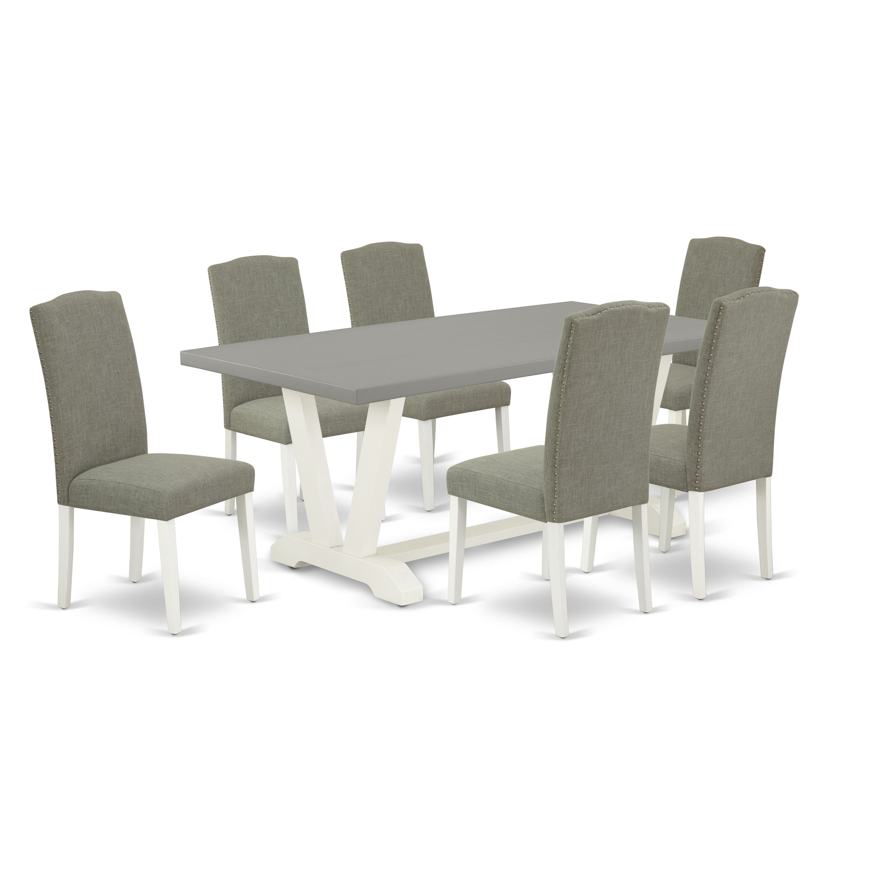 Juego de mesa de comedor moderna de 7 piezas East West Furniture V097EN206-7 compuesto por una mesa rectangular de madera con patas en V y 6 sillas tapizadas en tela de lino shitake oscuro.