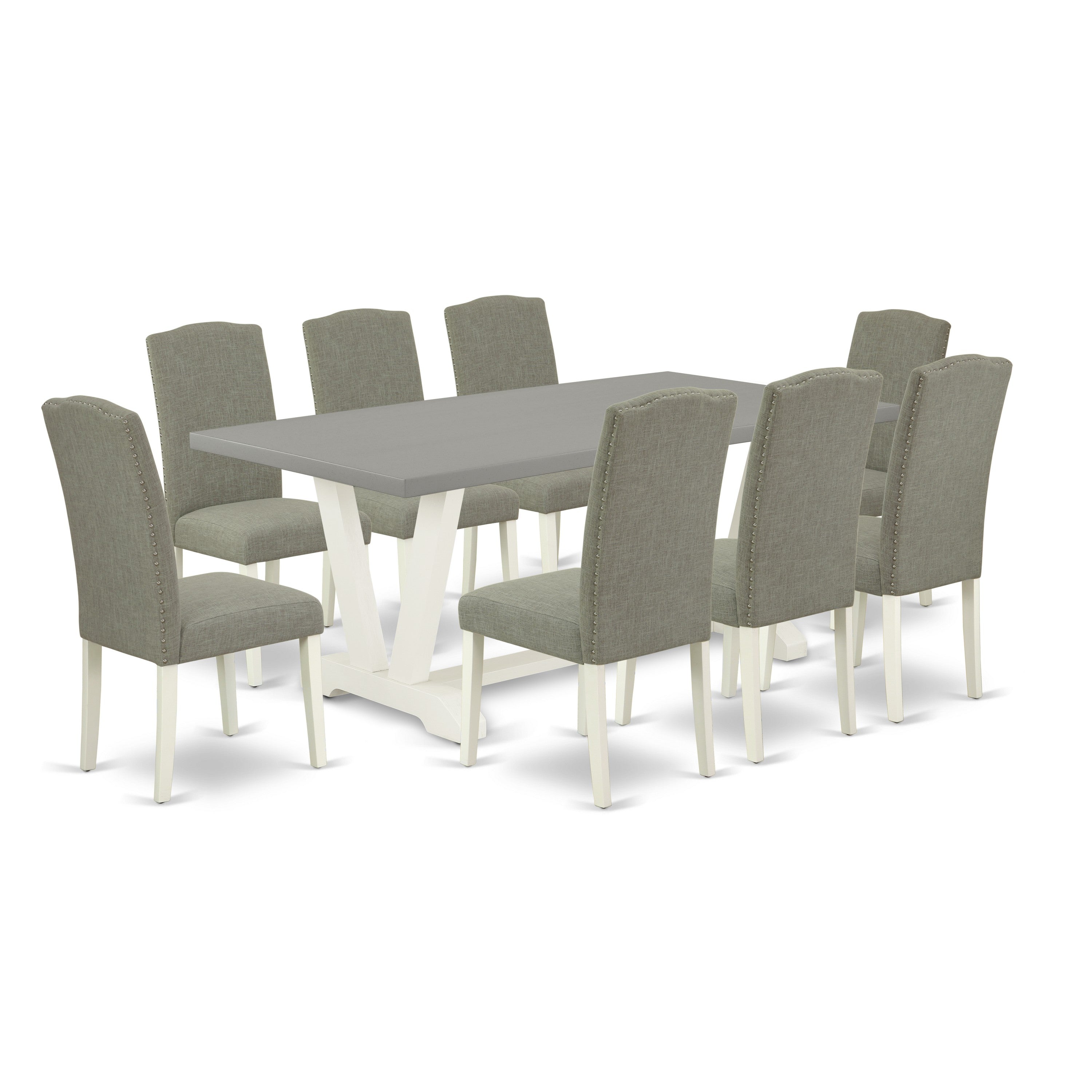 Juego de comedor East West Furniture V097EN206-9 de 9 piezas. Incluye una mesa de cocina rectangular con patas en V y 8 sillas Parson tapizadas en tela de lino shitake oscuro.