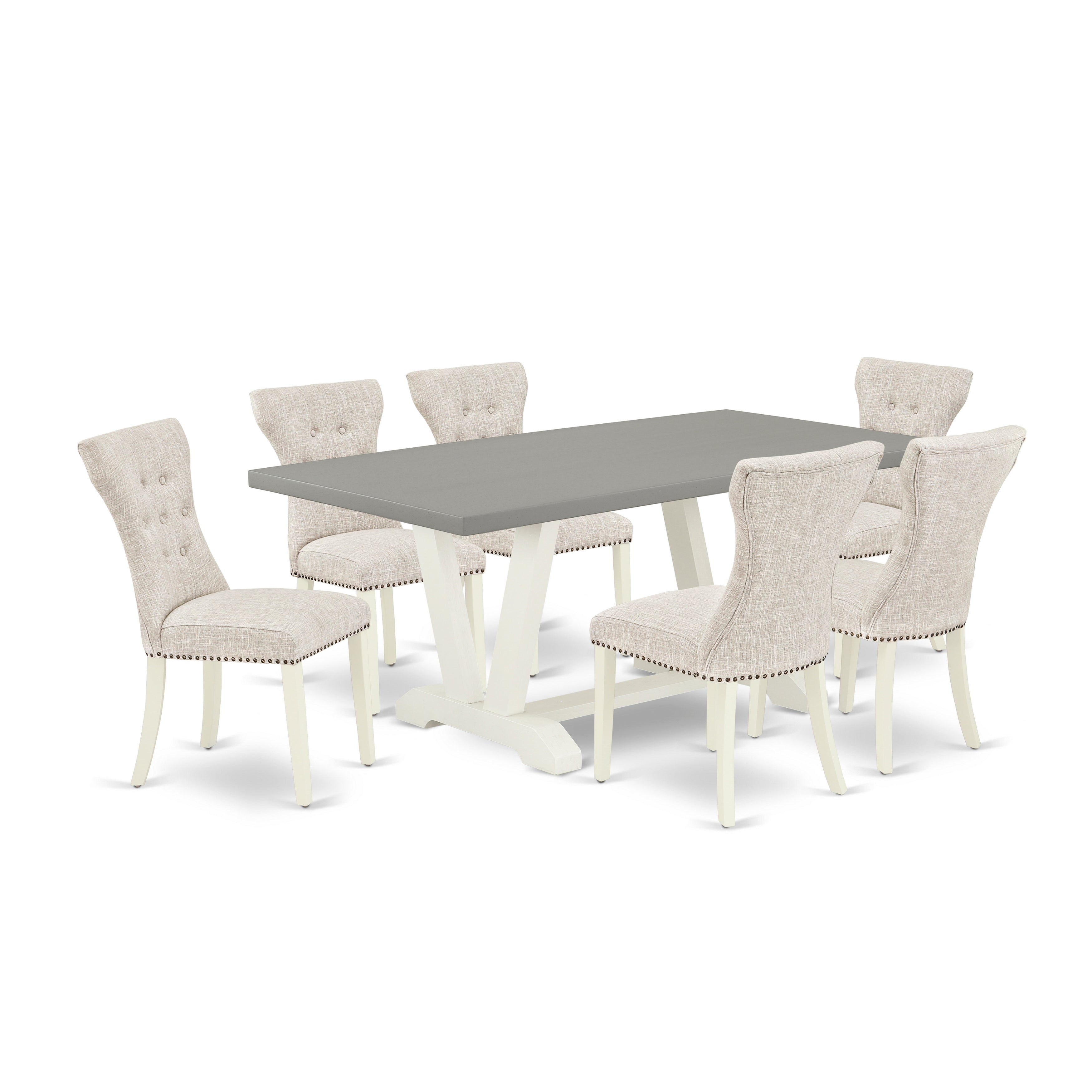 East West Furniture V097GA235-7 7-Piece Dining Room Set- 6 Mid Century Dining Chairs with Doeskin Linen Fabric Seat and Button Tufted Chair Back - Rectangular Table top & Wooden Legs - Cement and linen white Finish