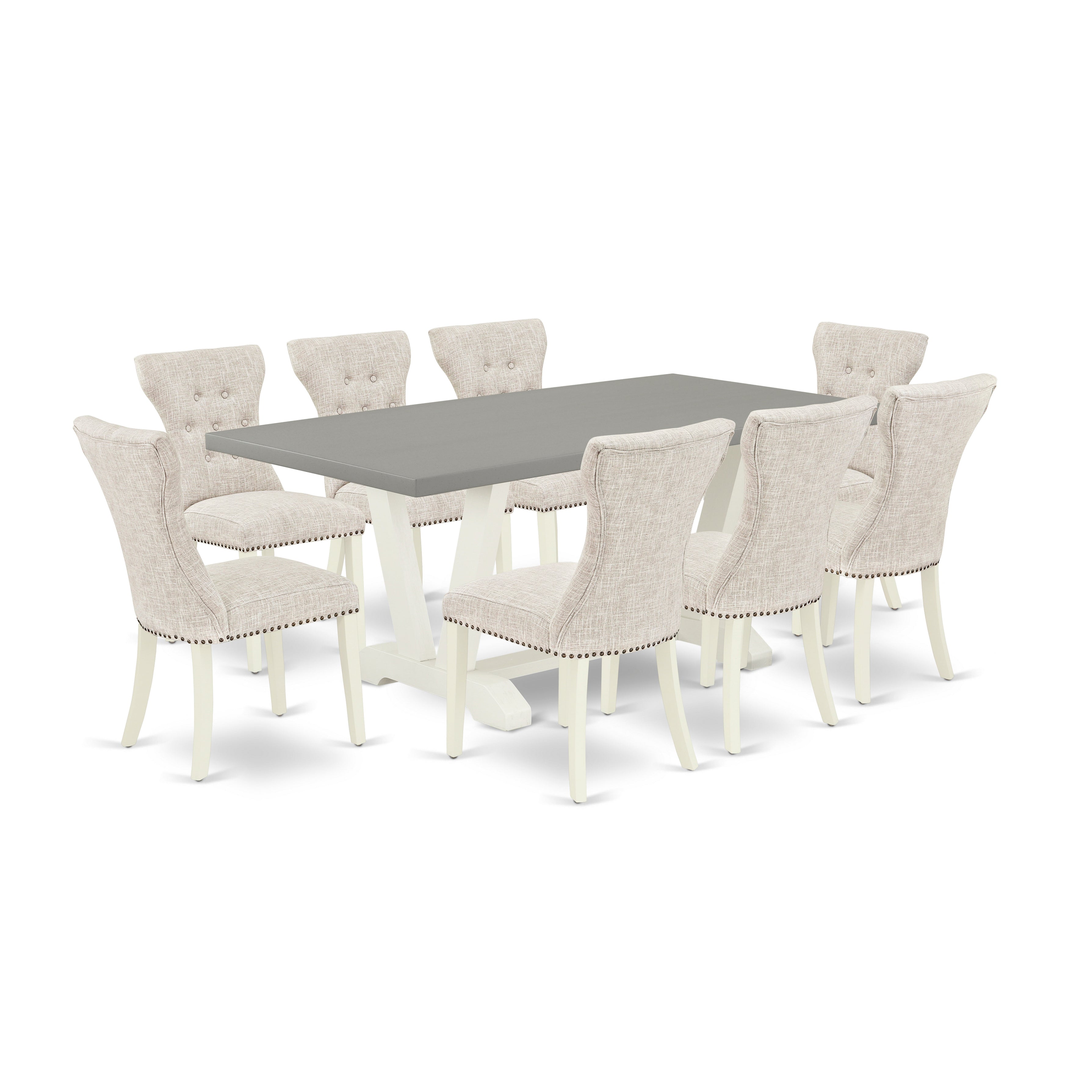 East West Furniture V097GA235-9 9-Pc Dining Table Set- 8 kitchen chairs with Doeskin Linen Fabric Seat and Button Tufted Chair Back - Rectangular Table top & Wooden Legs - Cement and linen white Finish
