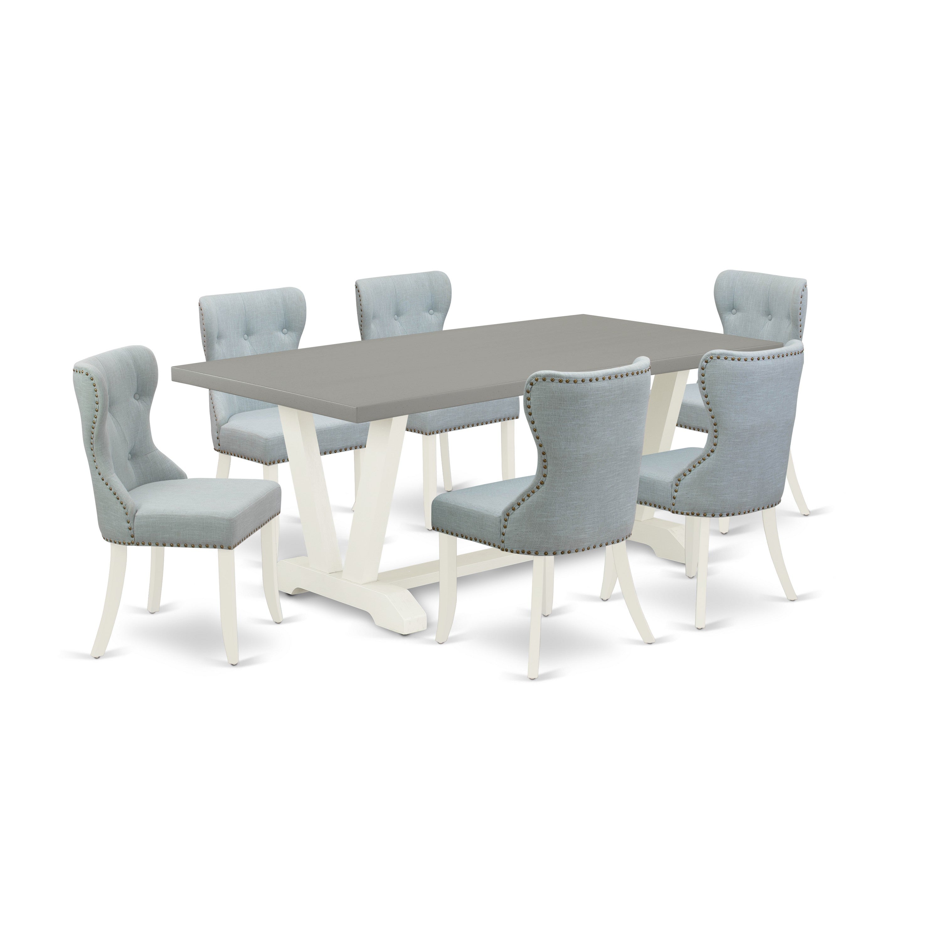 Juego de mesa de comedor East West Furniture V097SI215-7 de 7 piezas compuesto por una mesa de cocina rectangular con patas en V y 6 sillas de comedor Parson de tela de lino azul bebé.