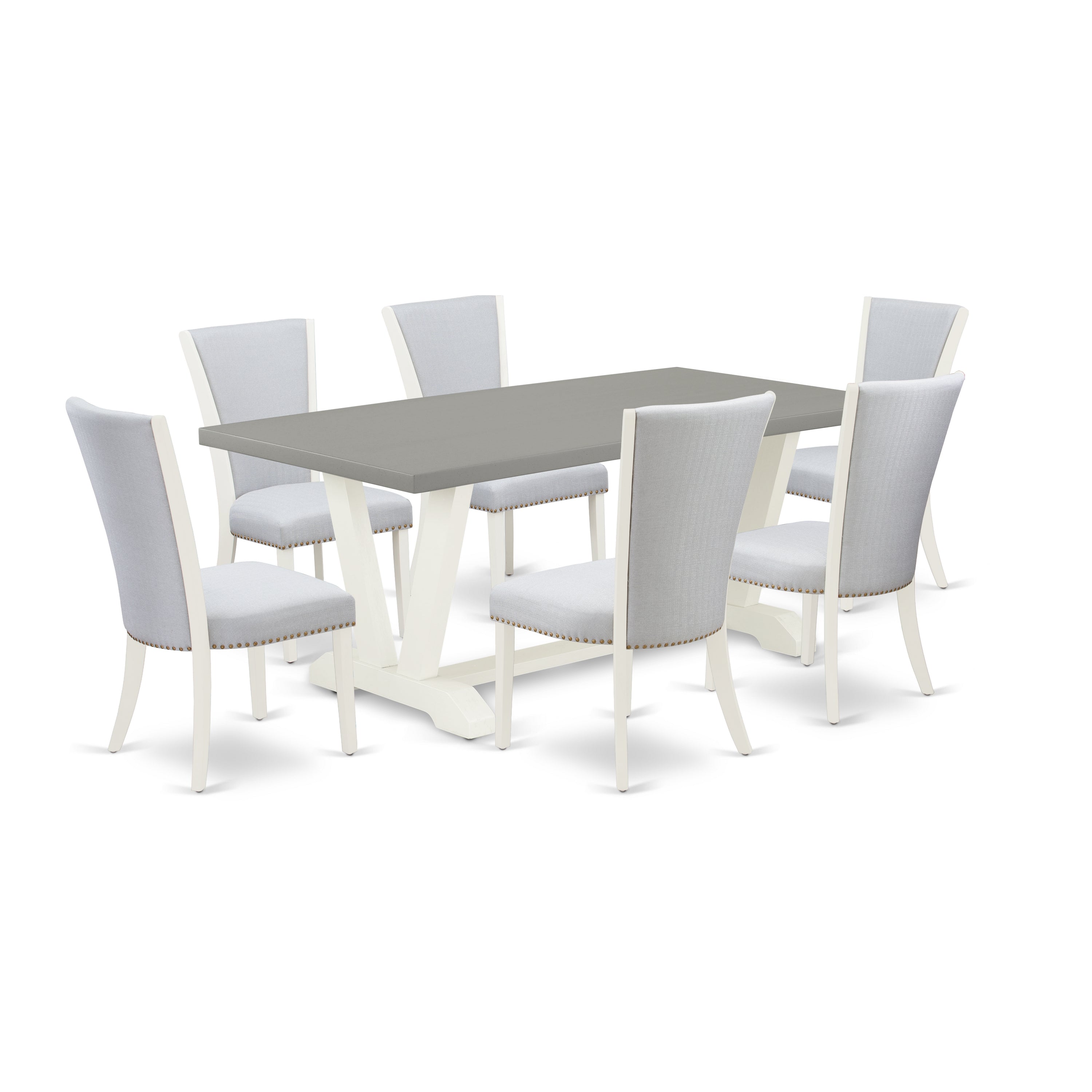 7-Pc Dining Room Table Set Includes 6 Modern Chairs with Upholstered Seat and Stylish Back-Rectangular Wooden Dining Table - Cement and Wirebrushed Linen White Finish