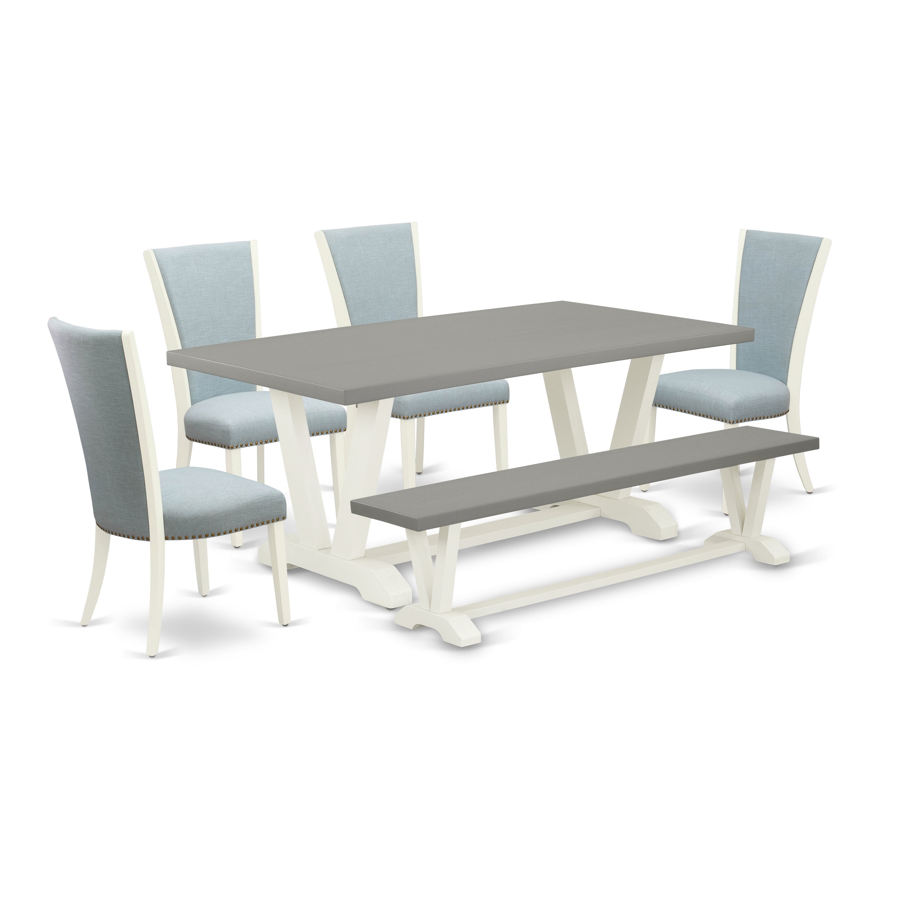 V097VE215-6 6 Piece Modern Dining Table Set - 4 Baby Blue Linen Fabric Comfortable Chair with Nailheads and Cement Wood Table - 1 Kitchen Bench - linen white Finish