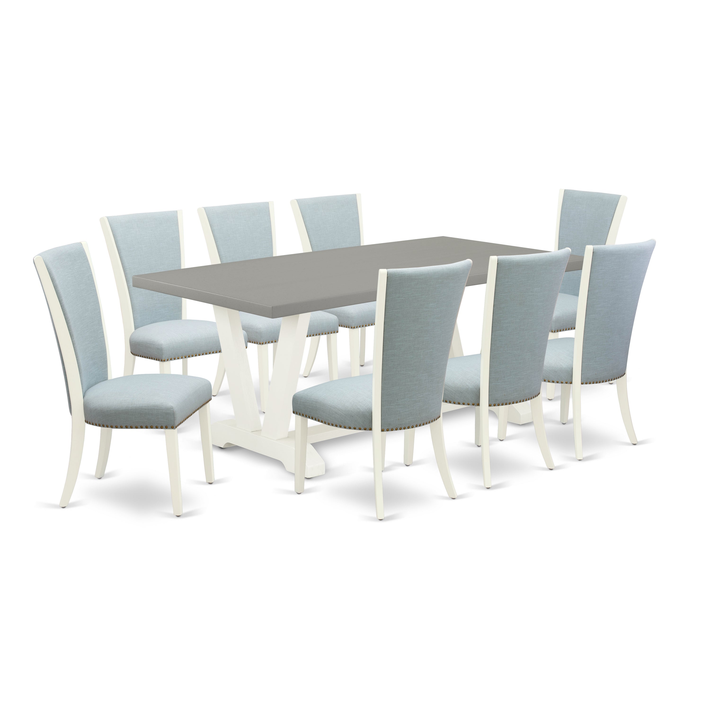 Juego de comedor East West Furniture V097VE215-9 de 9 piezas. Incluye una mesa de comedor rectangular con patas en V y 8 sillas Parson tapizadas en tela de lino azul bebé.