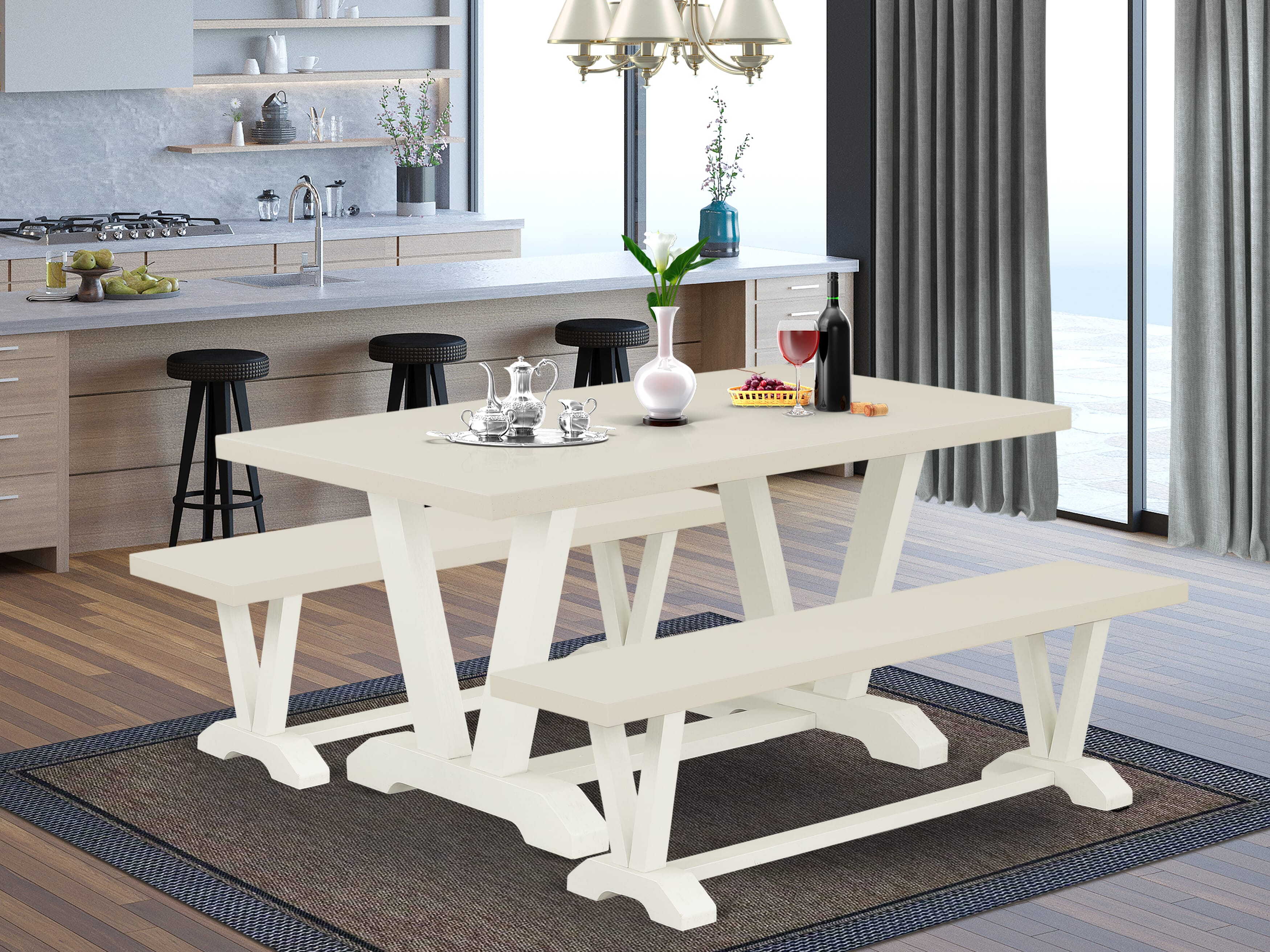 Juego de comedor de 3 piezas East West Furniture V2-026. Contiene una mesa de comedor rectangular con patas en V y 2 bancos de cocina.
