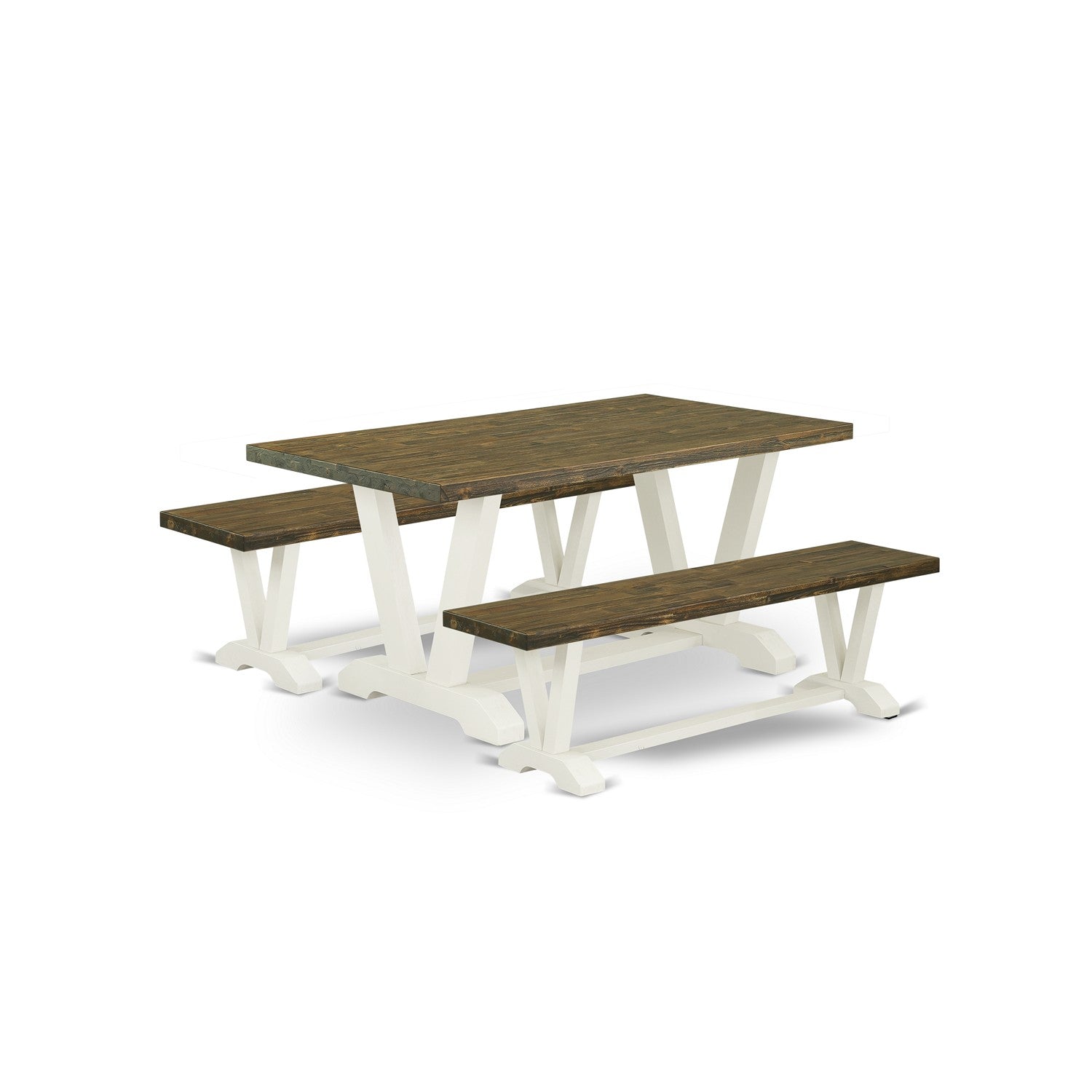 East West Furniture V2-076 3 Piece Dining Room Table Set - 1 Small Dining Table and 2 Mid Century Modern Bench - Distressed Jacobean Table top and linen white base Finish