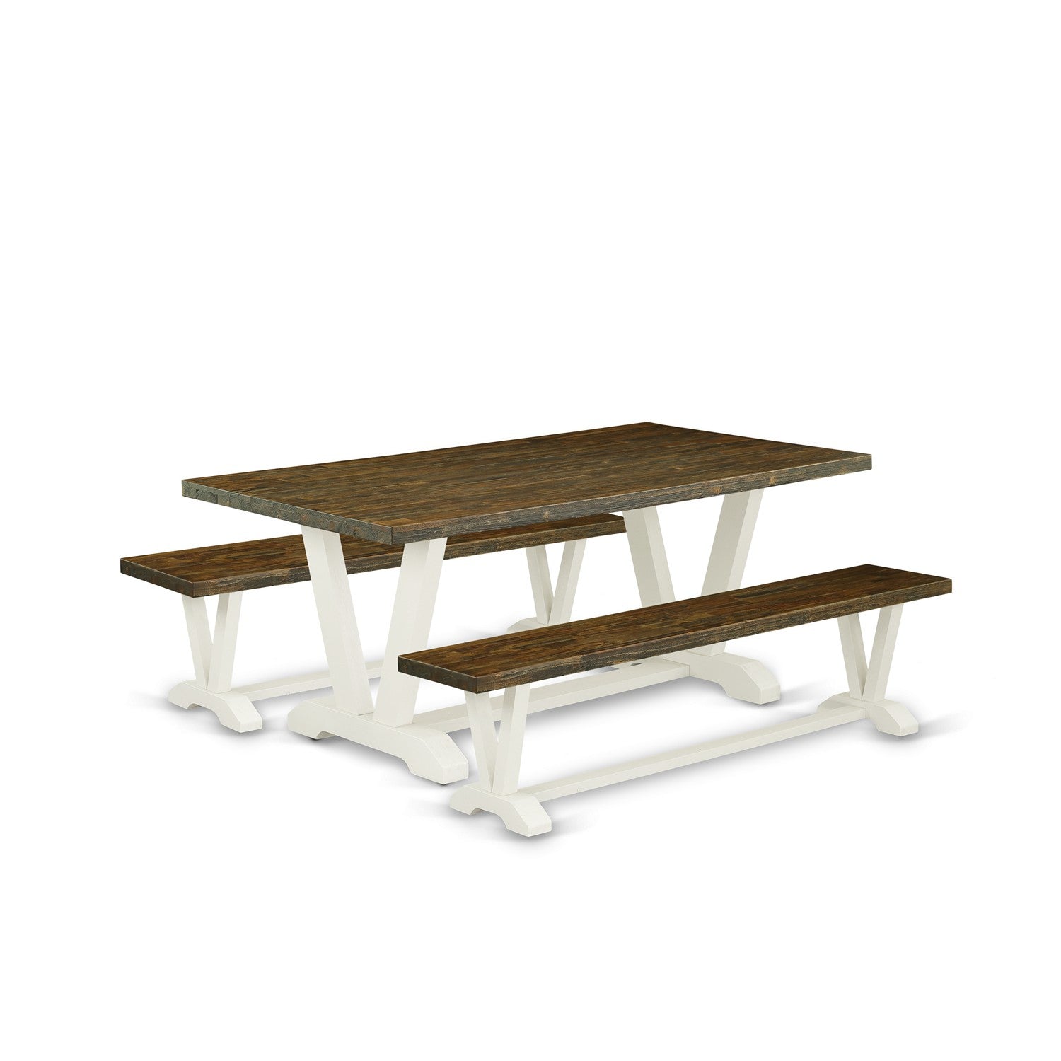 Juego de mesa de comedor de 3 piezas East West Furniture V2-077 que incluye una mesa de comedor rectangular con patas en V y 2 bancos de cocina.