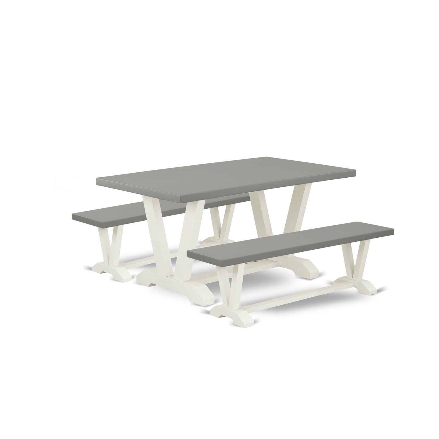 East West Furniture V2-096 3 Piece Small Dining Table Set - 1 Dinning Table and 2 Kitchen Bench - Stable and Sturdy Constructed - Cement Table Top and linen white base Finish