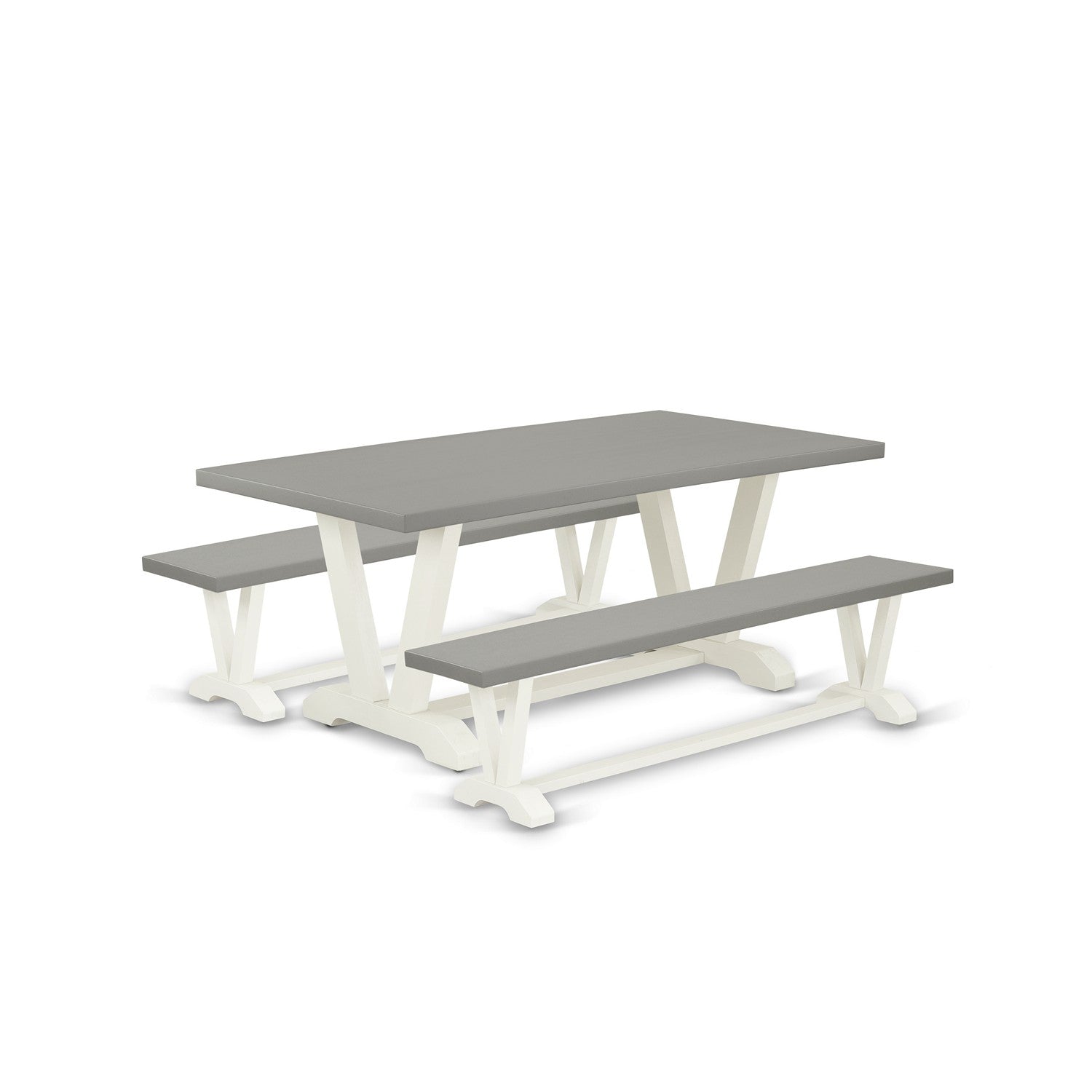 Juego de mesa de cocina de 3 piezas East West Furniture V2-097 para espacios pequeños. Contiene una mesa de comedor rectangular con patas en V y 2 bancos de comedor.