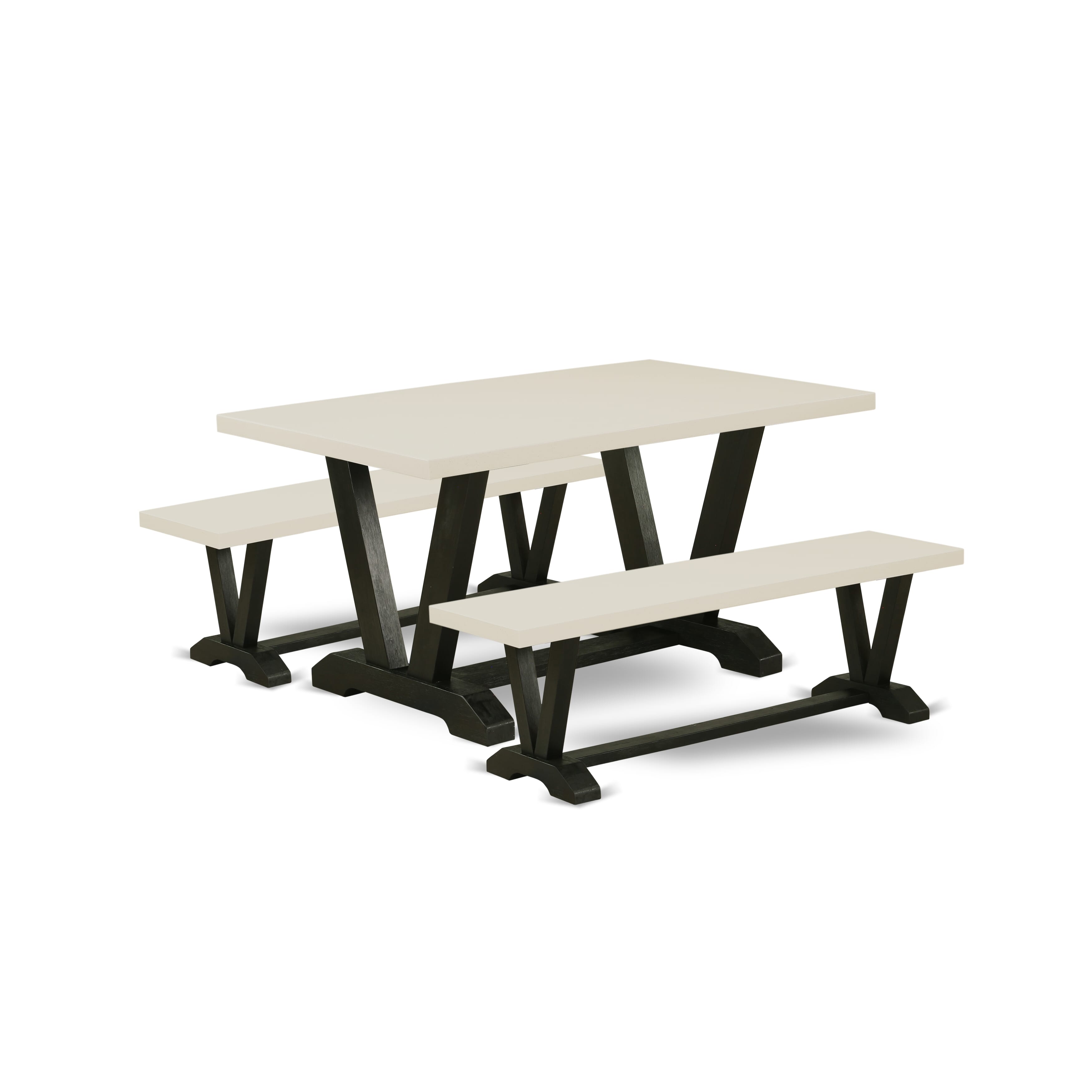 East West Furniture V2-626 3 Piece Dining Room Set - 1 Wood Dining Table and 2 Wood Benches - Stable and Durable Construction - linen white Table top and Wire Brushed Black base Finish