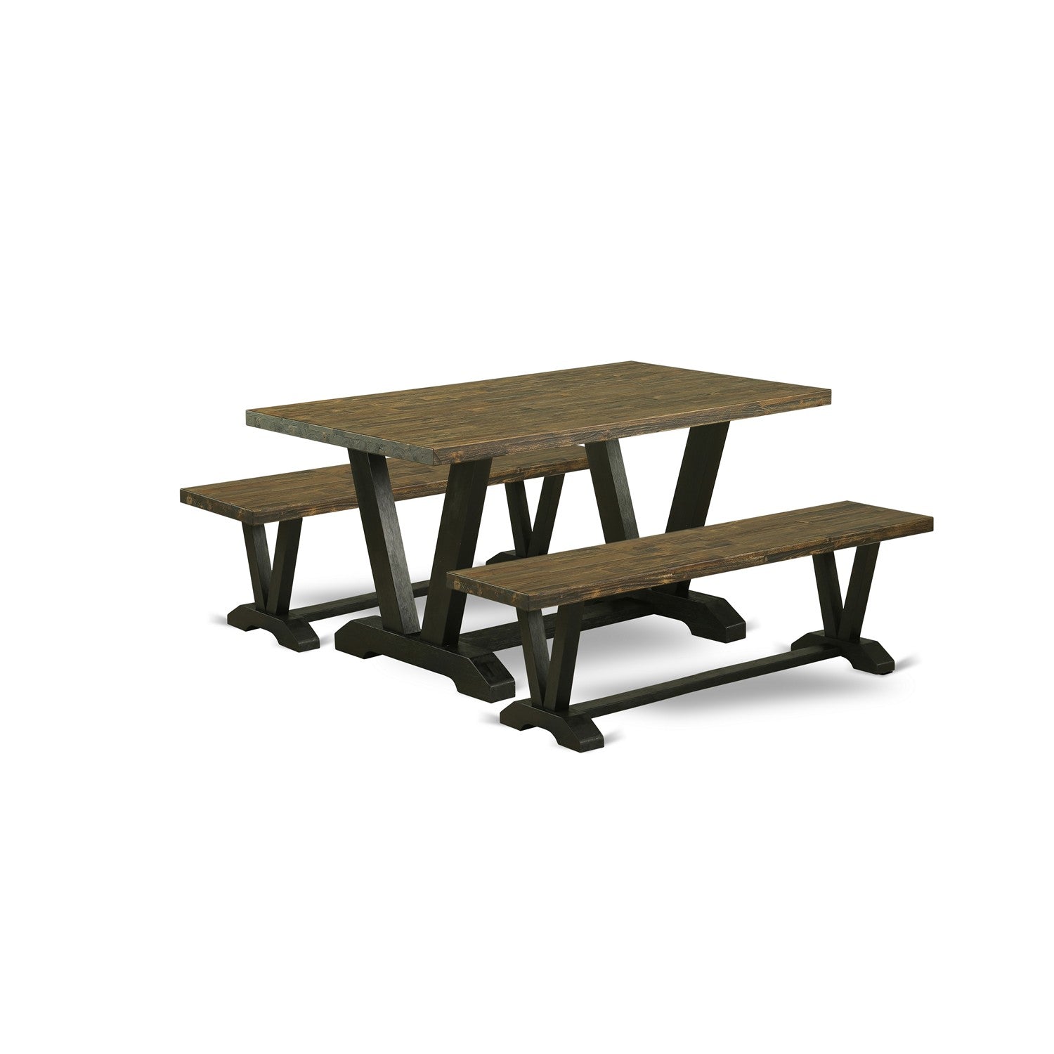 Juego de mesa de comedor de 3 piezas East West Furniture V2-676 para espacios pequeños. Contiene una mesa de comedor rectangular con patas en V y 2 bancos de comedor.