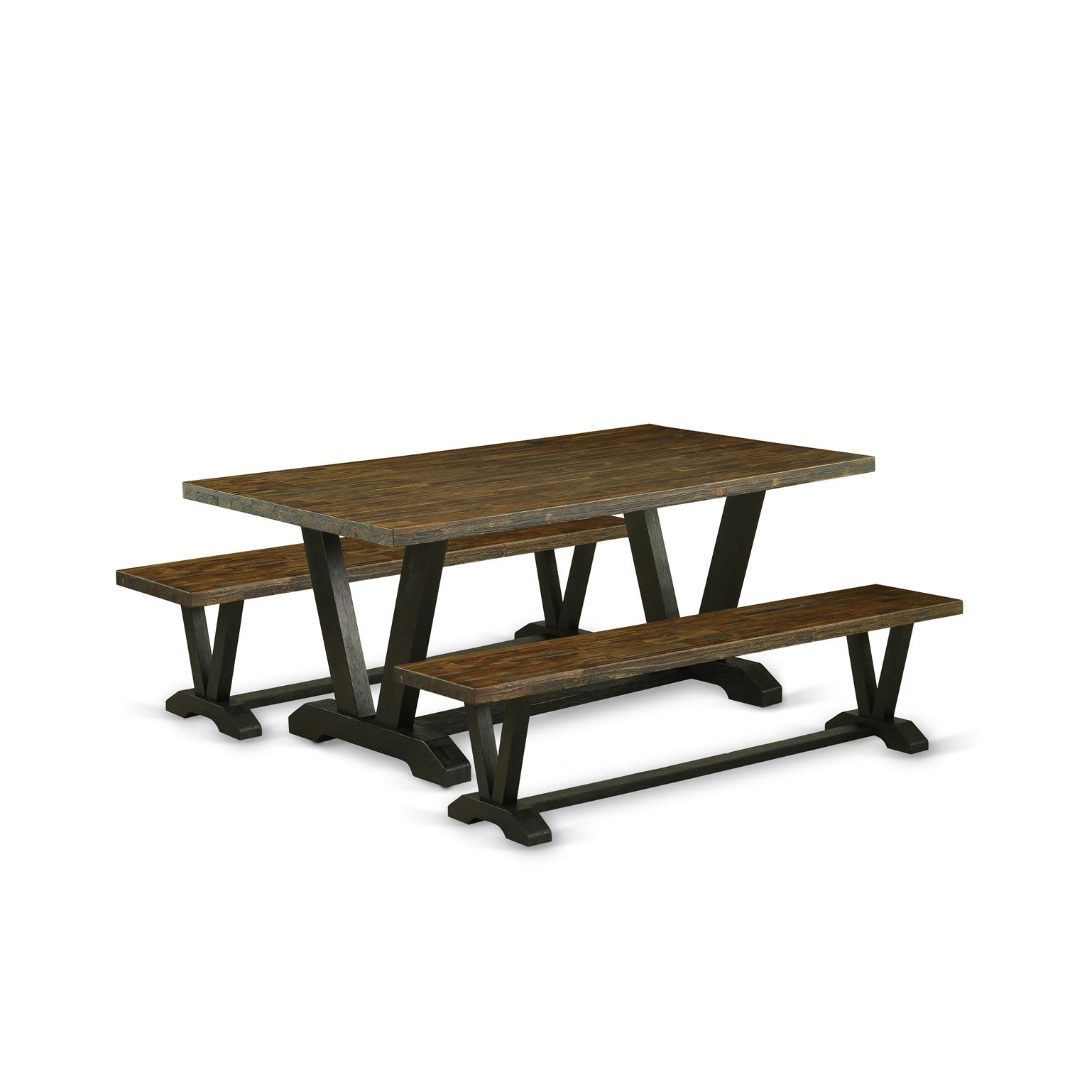 East West Furniture V2-677 3 Piece Modern Dining Table Set - 1 Kitchen Table and 2 Wooden Benches - Distressed Jacobean Table top and Wire Brushed Black base Finish