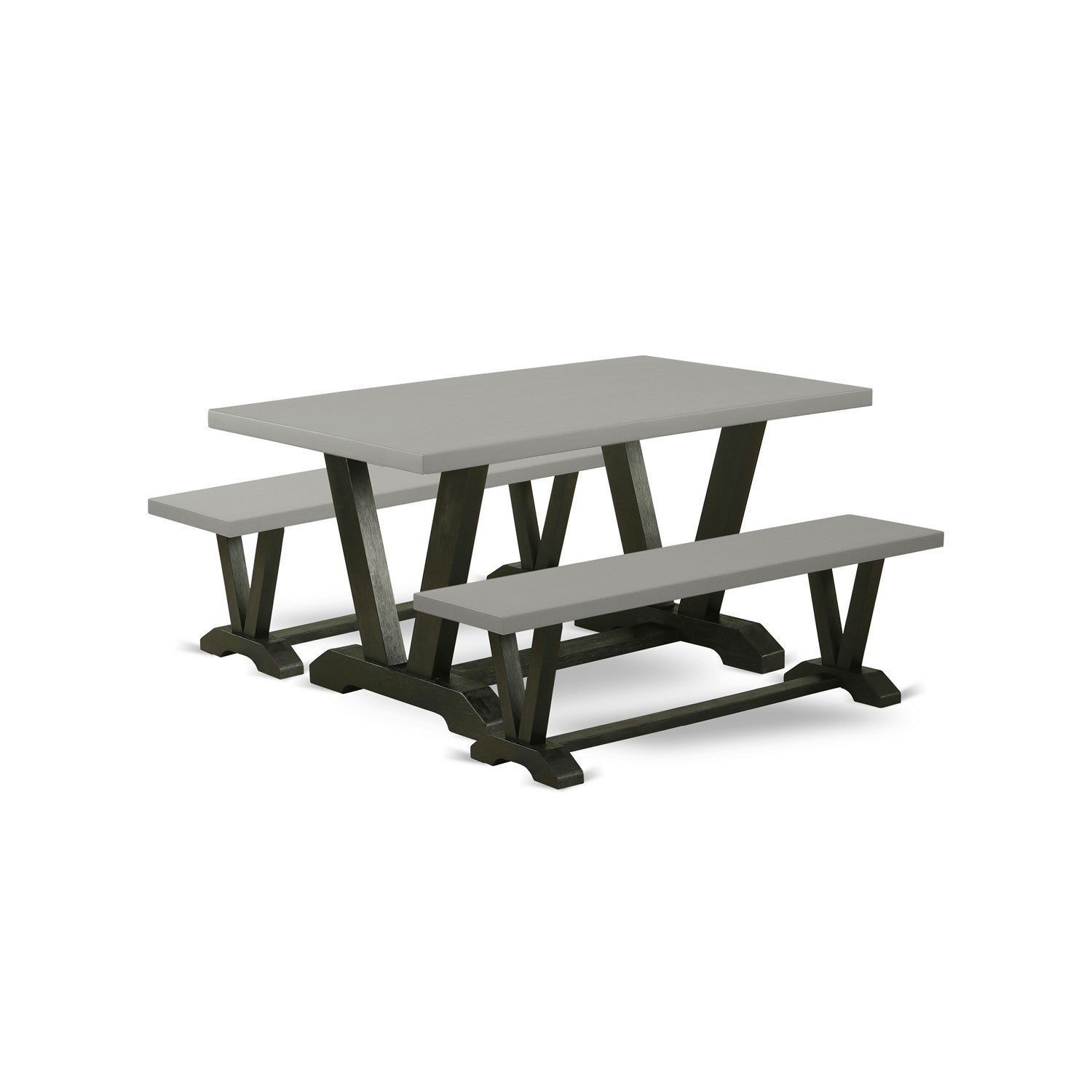 Juego de mesa de cocina de 3 piezas East West Furniture V2-696 para espacios pequeños. Contiene una mesa de comedor rectangular con patas en V y 2 bancos de comedor.