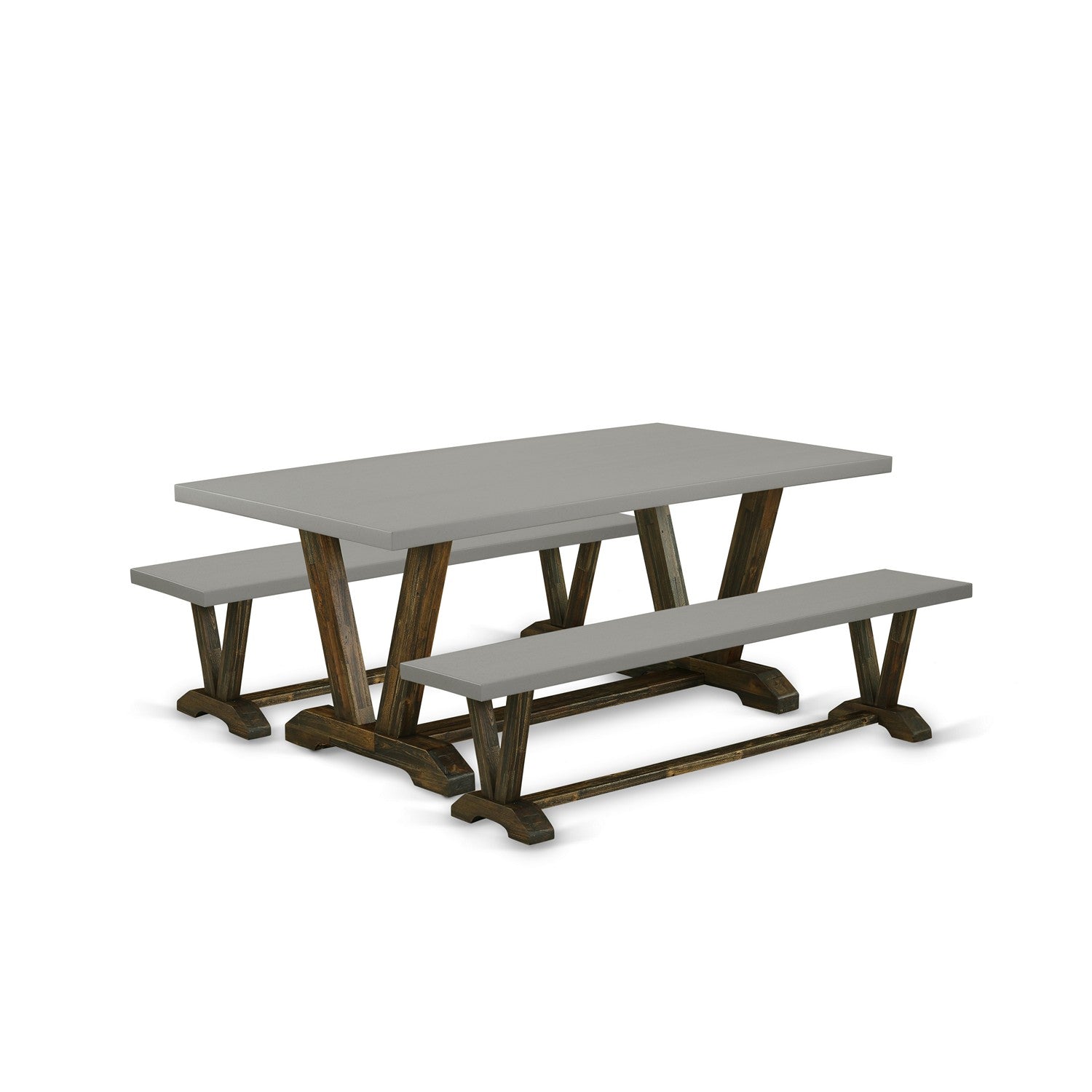 Juego de mesa de cocina de 3 piezas East West Furniture V2-797 para espacios pequeños. Contiene una mesa de comedor rectangular con patas en V y 2 bancos de comedor.
