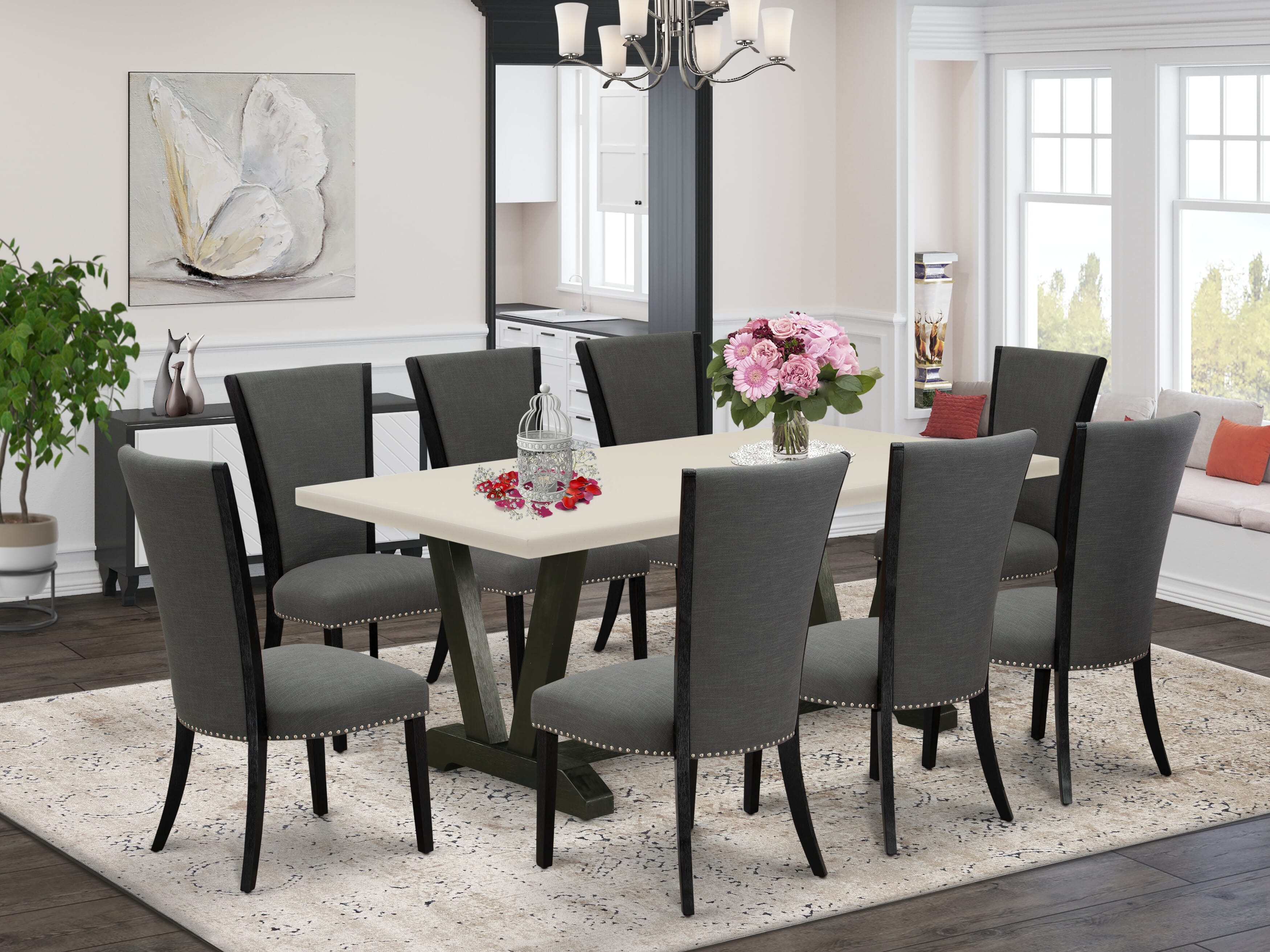East West Furniture V627VE650-9 9 Piece Dining Room Table Set Includes a linen white Dining Room Table and 8 Dark Gotham Grey Linen Fabric Dining Chairs with High Back - Wire Brushed Black Finish