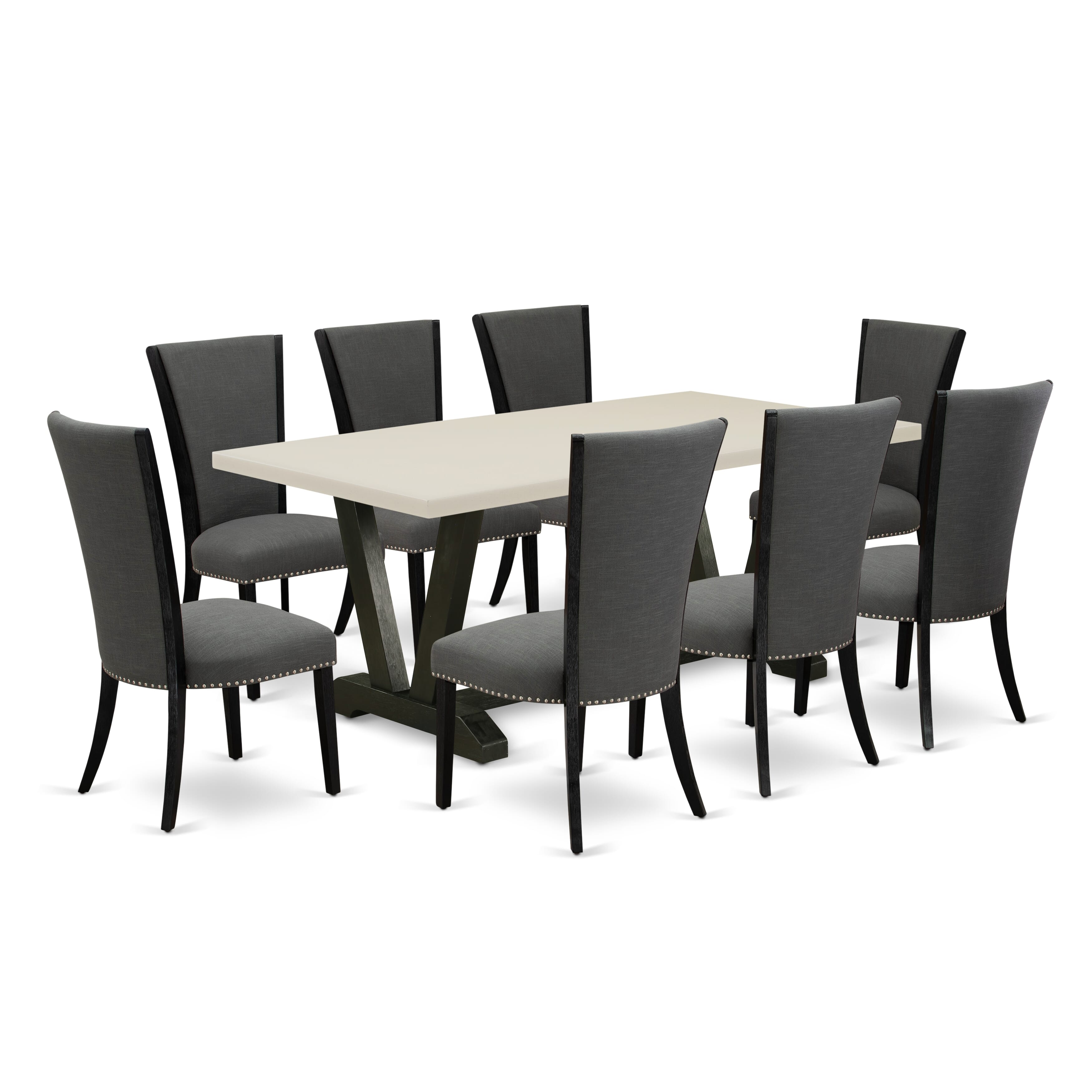 East West Furniture V627VE650-9 9 Piece Dining Room Table Set Includes a linen white Dining Room Table and 8 Dark Gotham Grey Linen Fabric Dining Chairs with High Back - Wire Brushed Black Finish