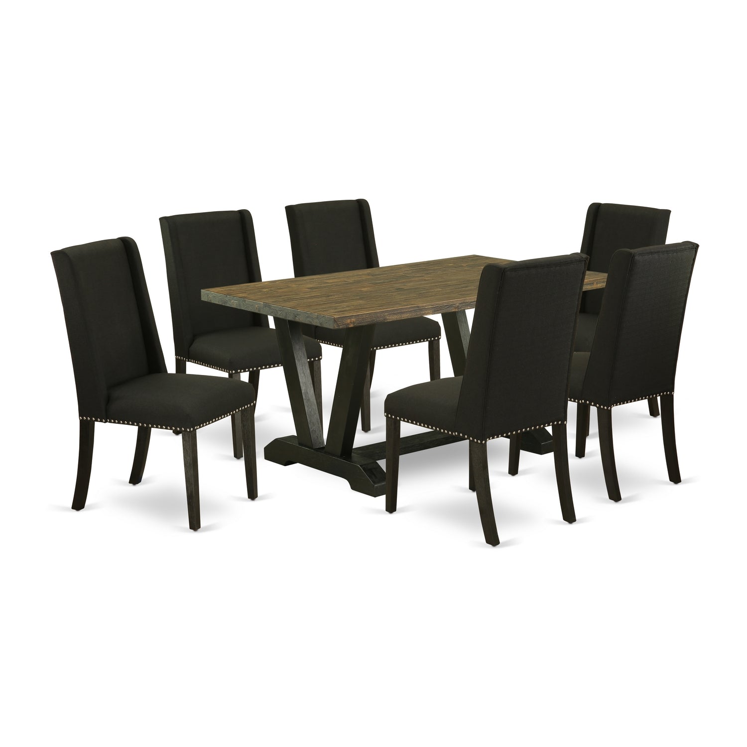 East West Furniture V676FL624-7 7-Pc dining room table set a wonderful Distressed Jacobean modern dining table top and 6 Beautiful upholstered dining chairs with Nail heads and High Stylish Chair Back, Wire Brushed Black Finish