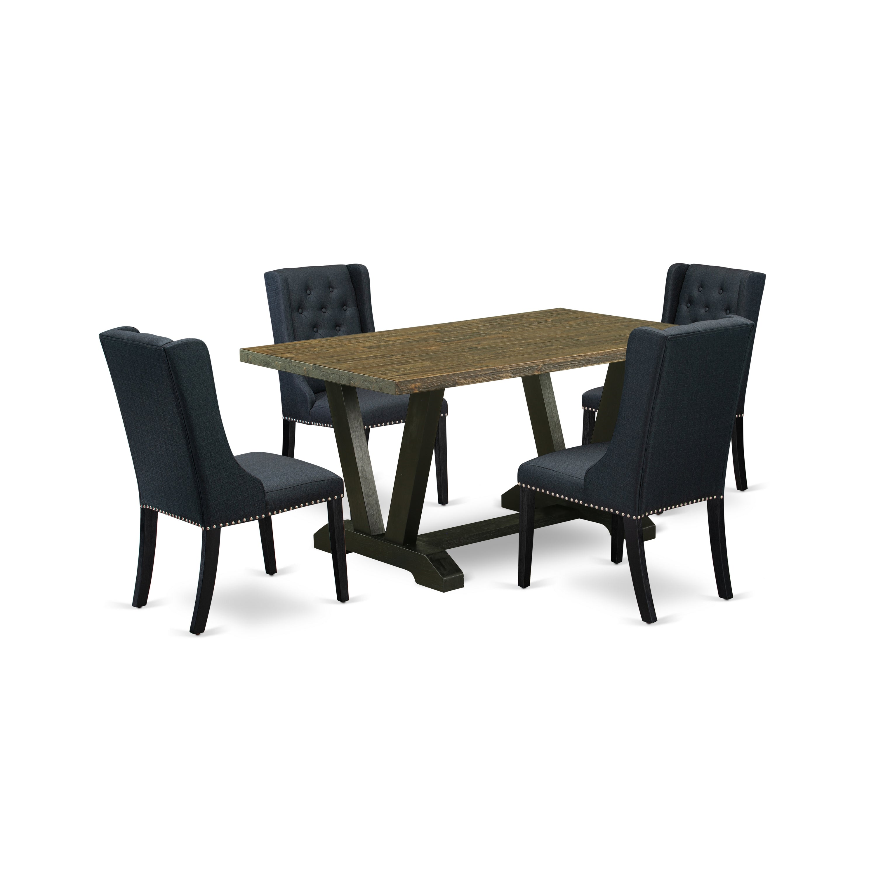 East West Furniture V676FO624-5 5 Piece Dining Table Set Includes 4 Black Linen Fabric Kitchen Chairs with Nailheads and Distressed Jacobean Dining Room Table - Wire Brush Black Finish