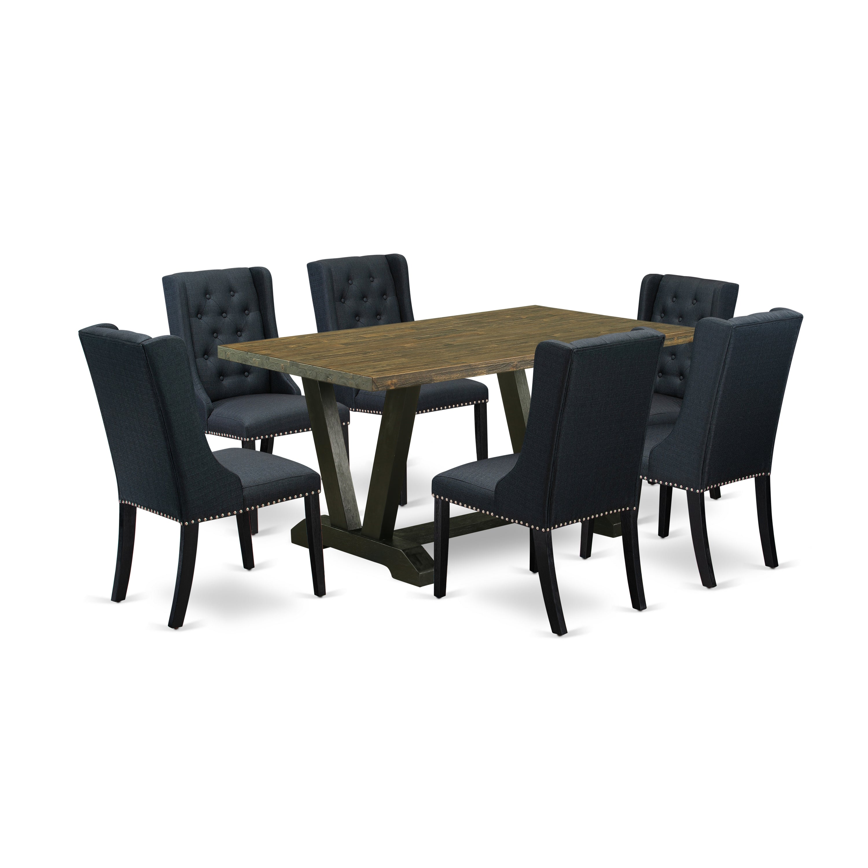 East West Furniture V676FO624-7 7 Pc Dining Set - 6 Black Linen Fabric Dining Room Chair Button Tufted with Nailheads and Distressed Jacobean Dining Table - Wire Brush Black Finish
