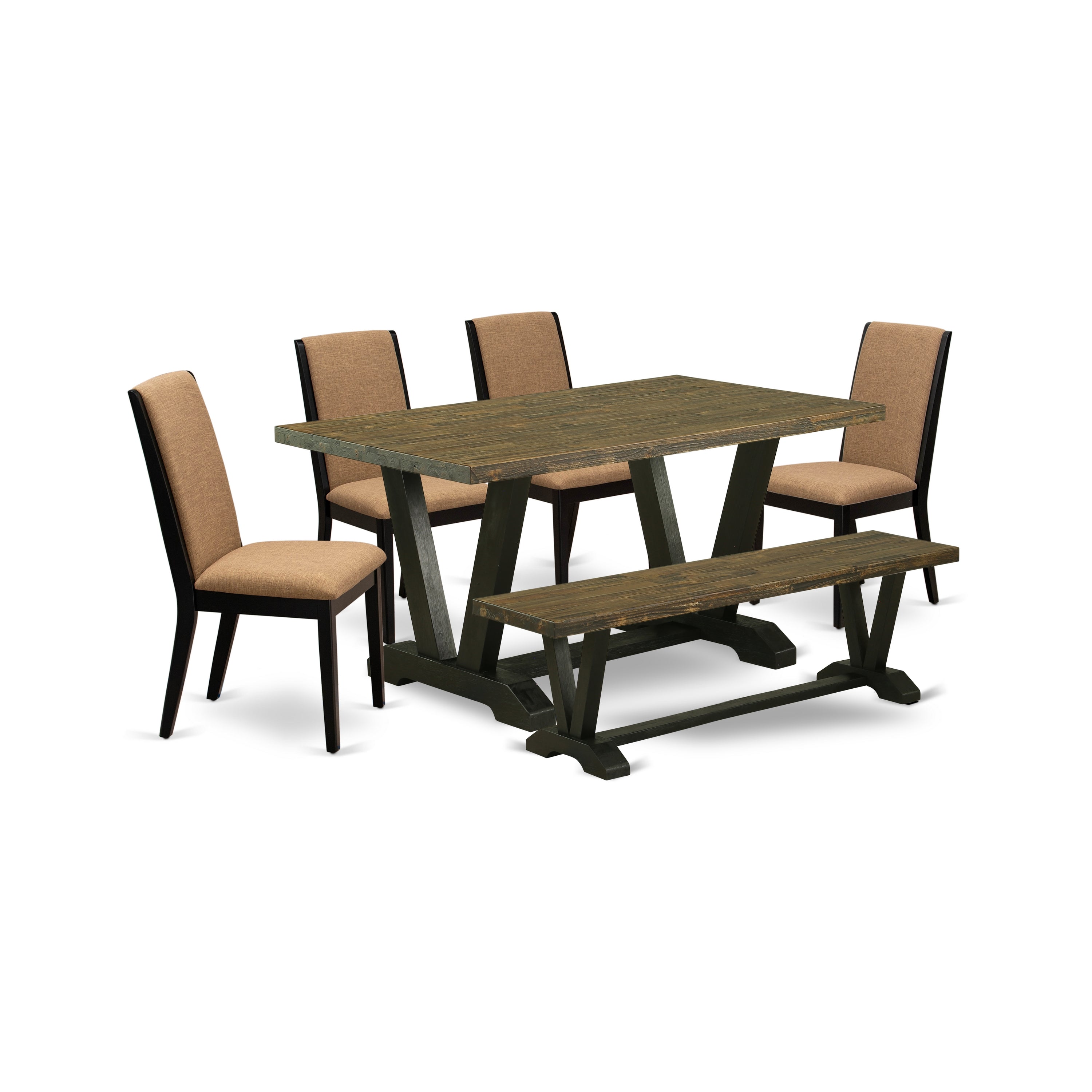 V676LA147-6 6-Piece Kitchen Table Set with Dining Table and Dining Bench - 4 Linen Fabric kitchen chairs (Wire Brushed Black Finish)