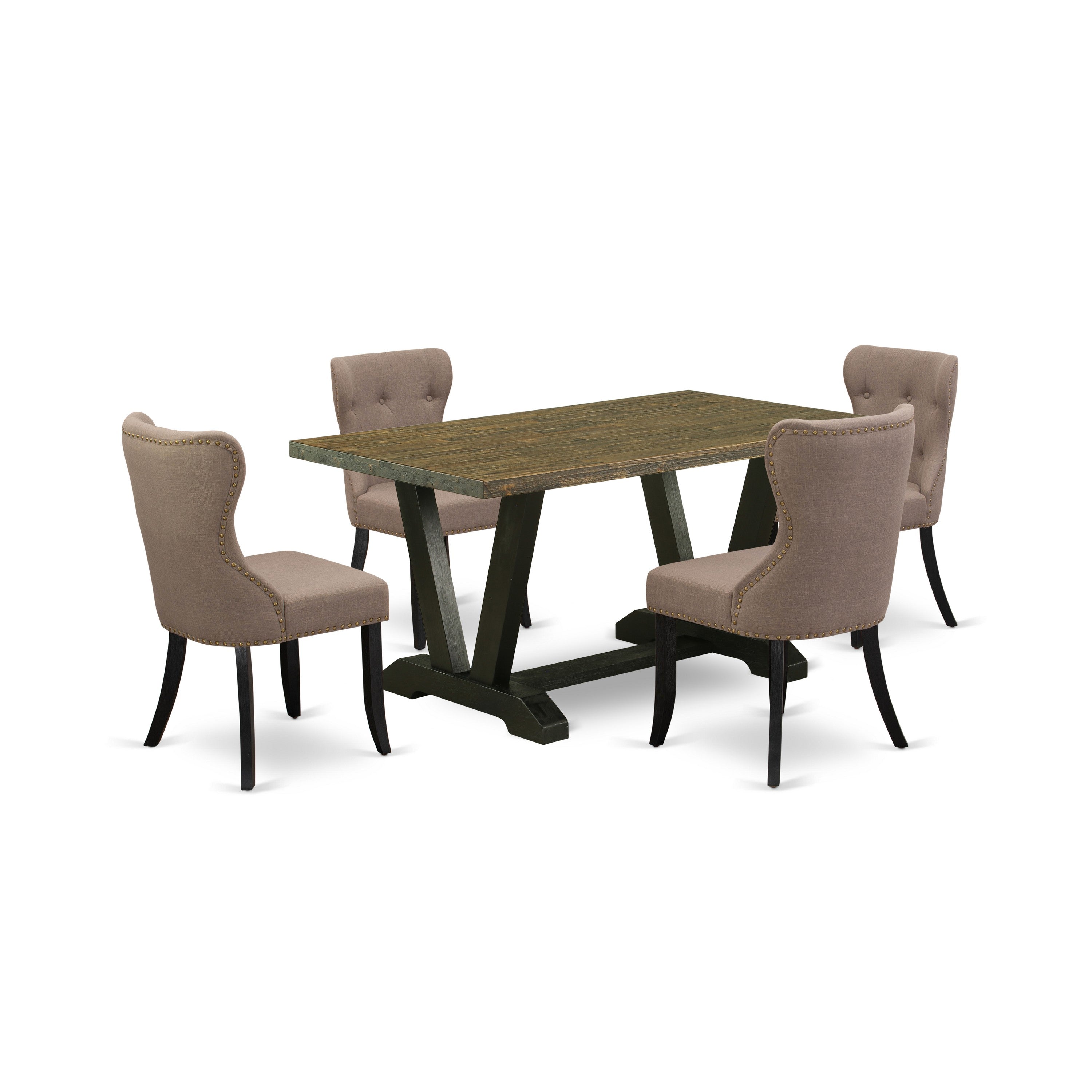 East West Furniture V676SI648-5 5-Pc Dining Table Set- 4 Parson Dining Chairs with Coffee Linen Fabric Seat and Button Tufted Chair Back - Dining Room Table (Distressed Jacobean Finish)