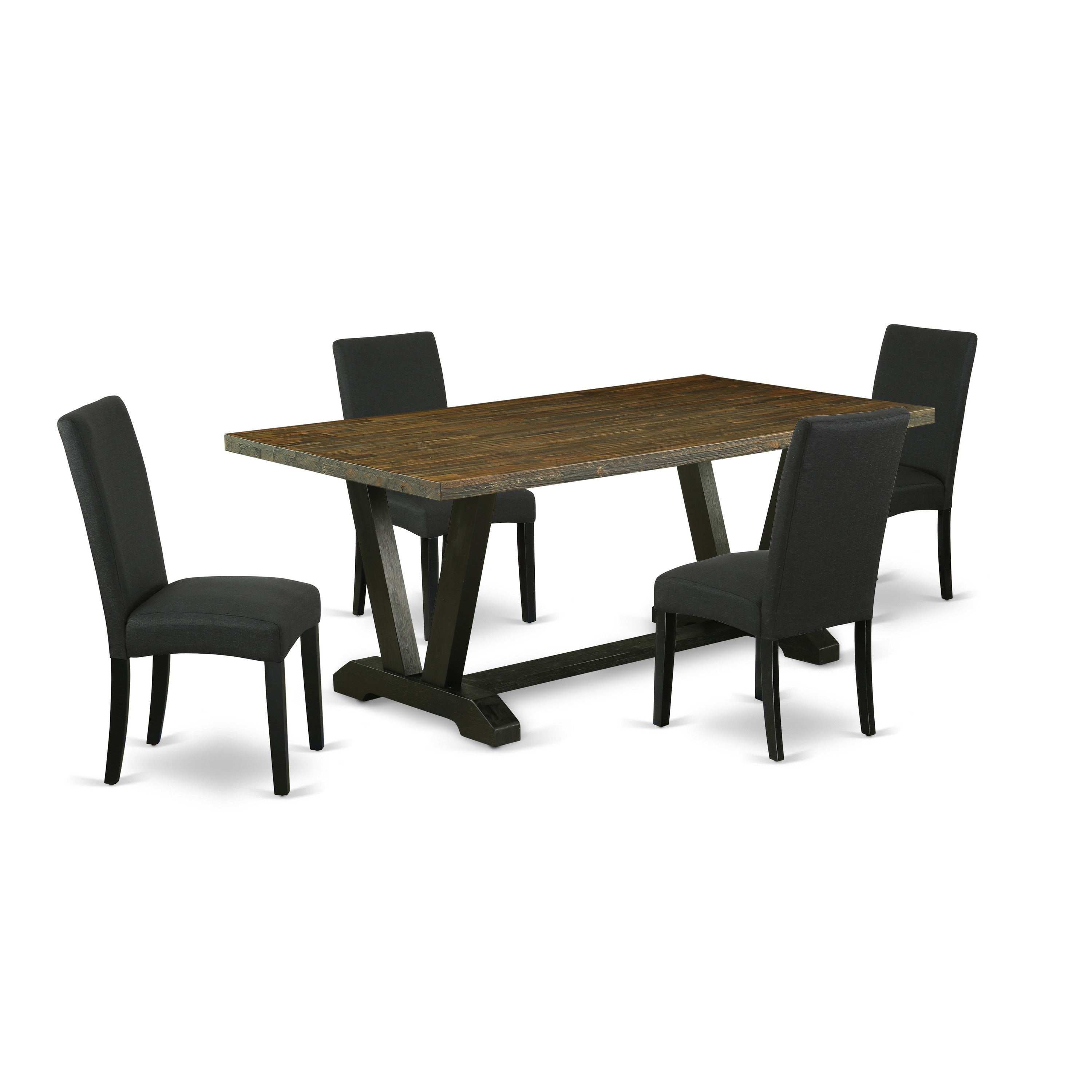 El juego de mesa de comedor de 5 piezas East West Furniture V677DR124-5 incluye una mesa de cocina rectangular con patas en V y 4 sillas de comedor Parson de tela de lino de color negro.